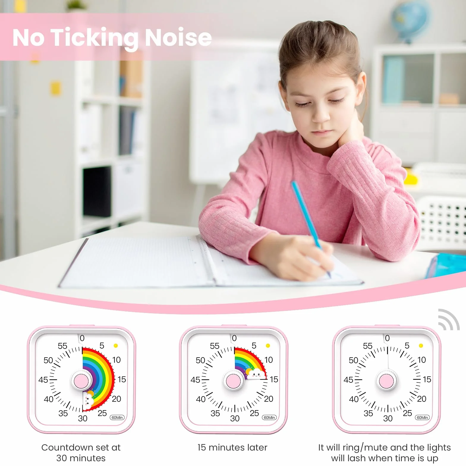 Wizualny timer dla dzieci z funkcją pauzy, uroczy cichy timer z tęczą do klasy, nauczania, zadań, kuchni, zarządzanie czasem odliczania 60 minut do ADHD (tęczowy róż)