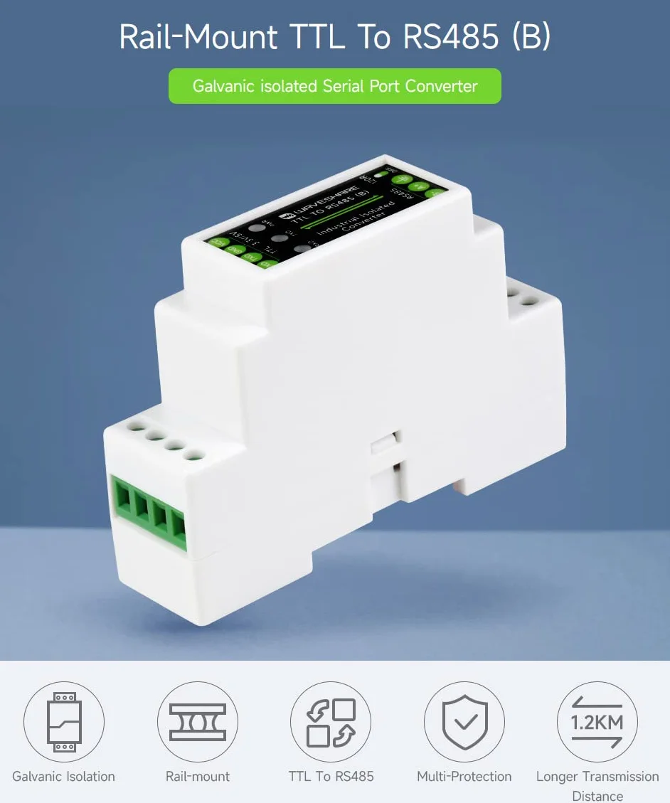 Waveshare Rail-mount TTL to RS485 Galvanic Isolated Converter 600W Lightningproof Anti-Surge