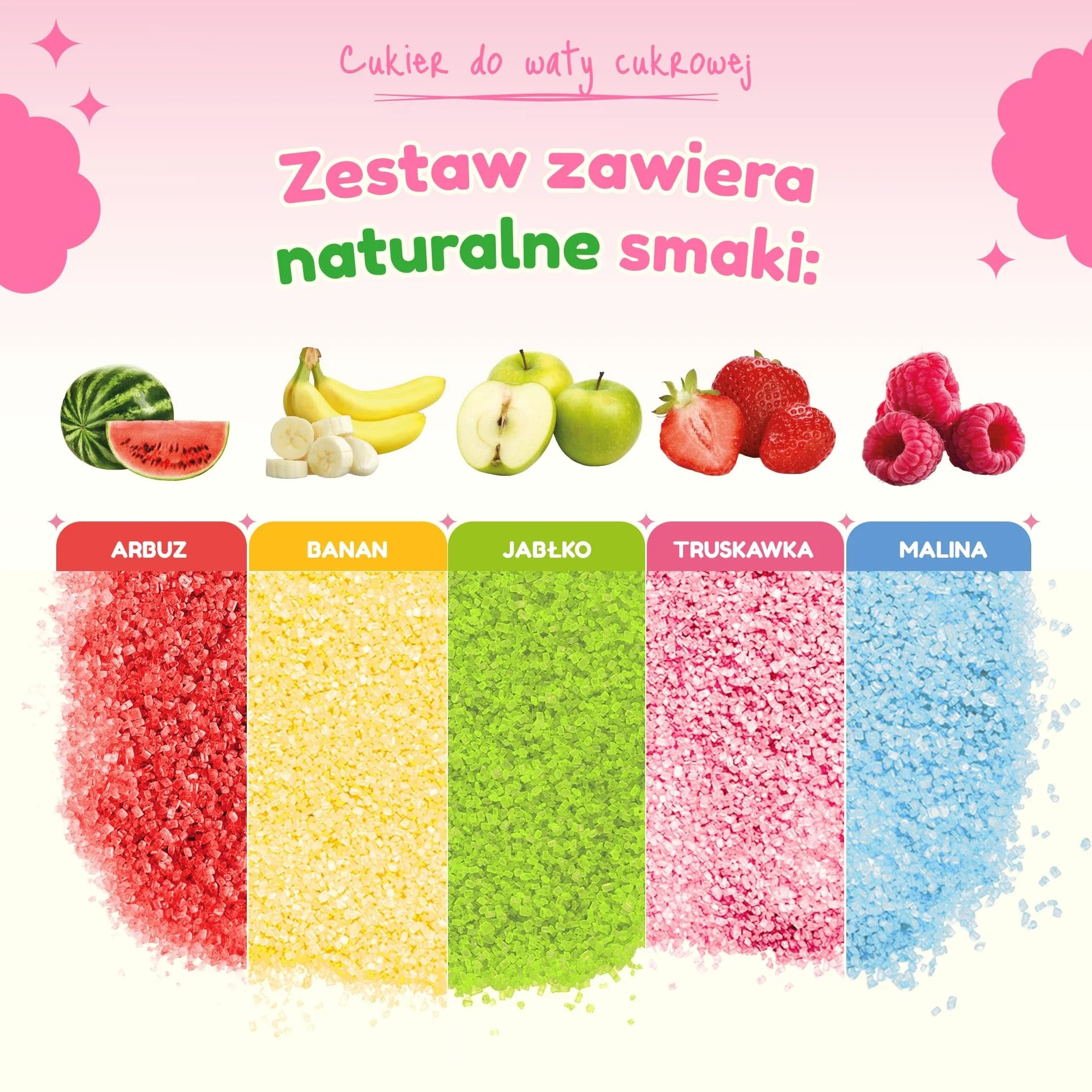 CANDY LAMA Zestaw cukrów do waty cukrowej, zestaw imprezowy 5 x 160g: Truskawka, Malina, Jabłko, Banan i Arbuz, w zestawie 20 patyczków do waty cukrowej, do maszynki