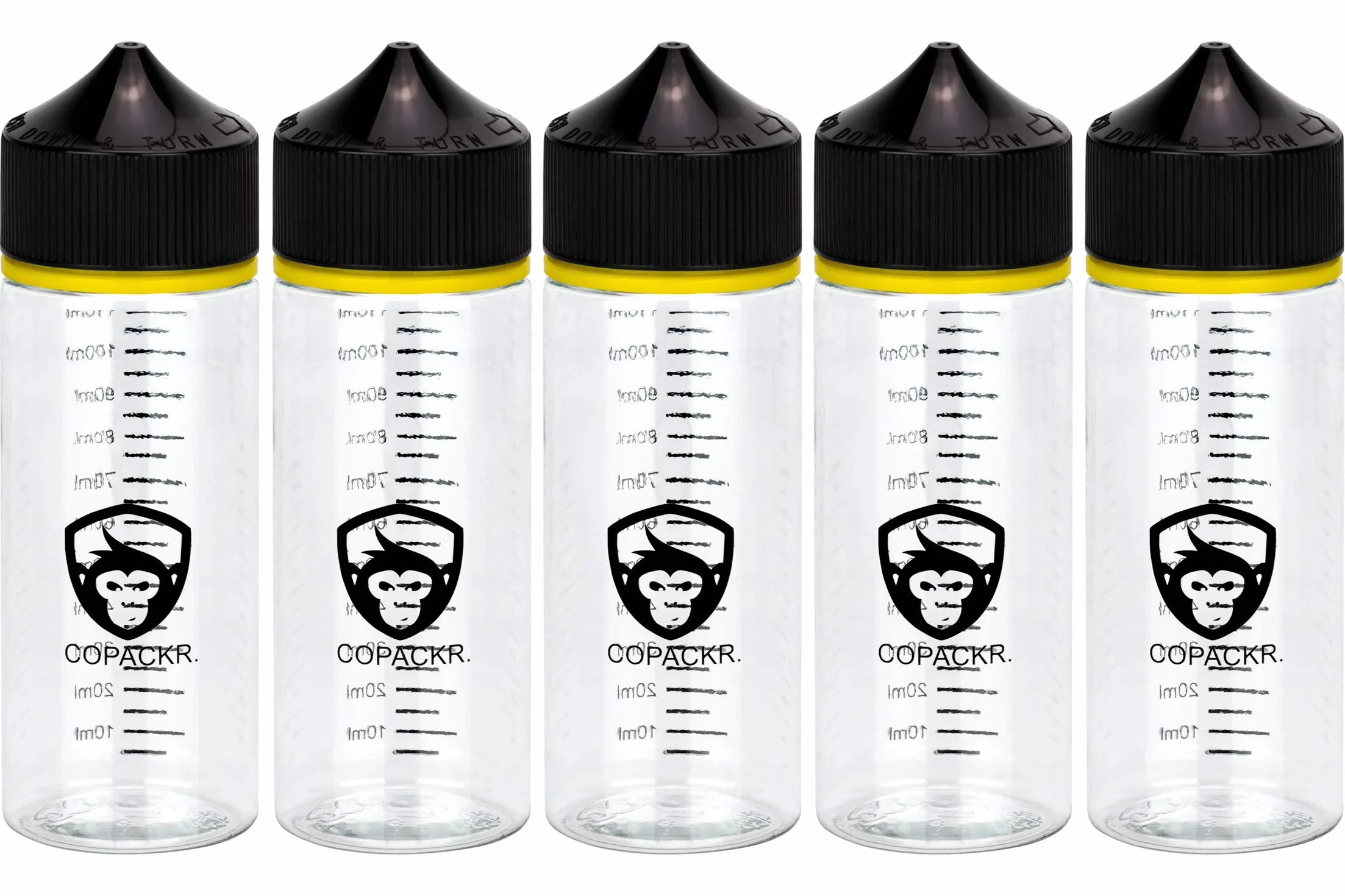 Copackr V3 5 butelek x 120 ml stopniowane butelki PET firmy Chubby Gorilla – butelki z kroplomierzem (przezroczysta butelka z czarnym zamknięciem)