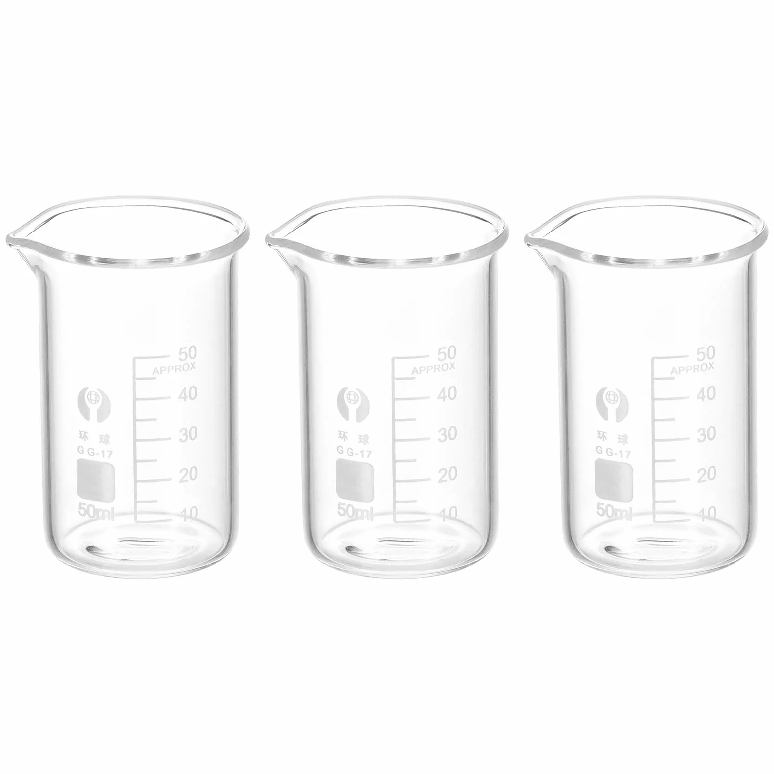 PATIKIL Szklana zlewka o wysokości 50 ml, 3,3 ze szkła borokrzemowego, miarka ze szkła borokrzemowego, z wylewką, do płynów laboratoryjnych, 3,3 szt