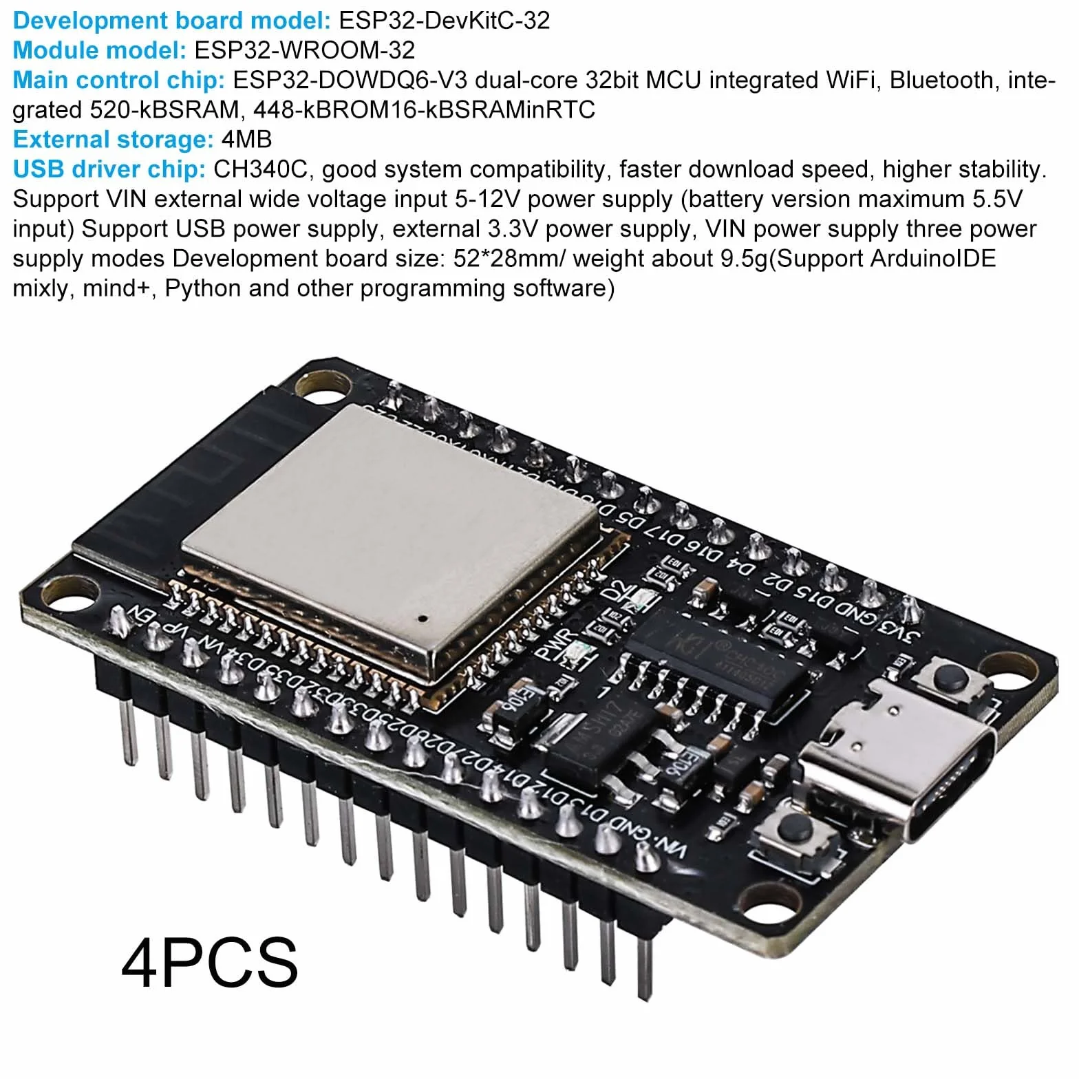4 sztuki płyty rozwojowej ESP32 moduł NodeMCU, płyta rozwojowa ESP-32S 2,4 GHz Dual Core WLAN WiFi Bluetooth 2-w-1 mikrokontroler, płyta rozwojowa ESP32 USB C NodeMCU, chip CH340C