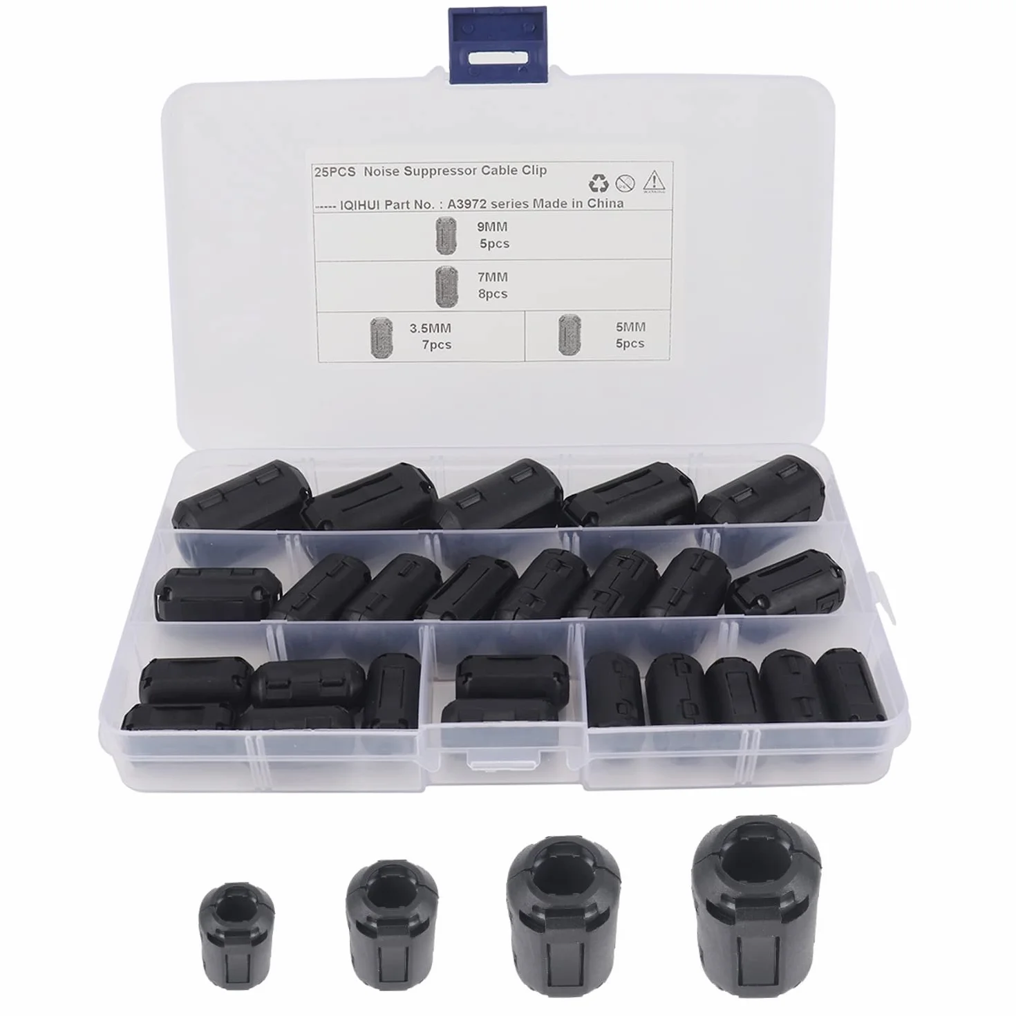 JZK 25 x czarny klips z pierścieniem ferrytowym RFI EMI klips do kabla tłumiącego hałas, średnica wewnętrzna 3,5 mm 5 mm 7 mm 9 mm do kabla USB, kabla myszy i kabla klawiatury