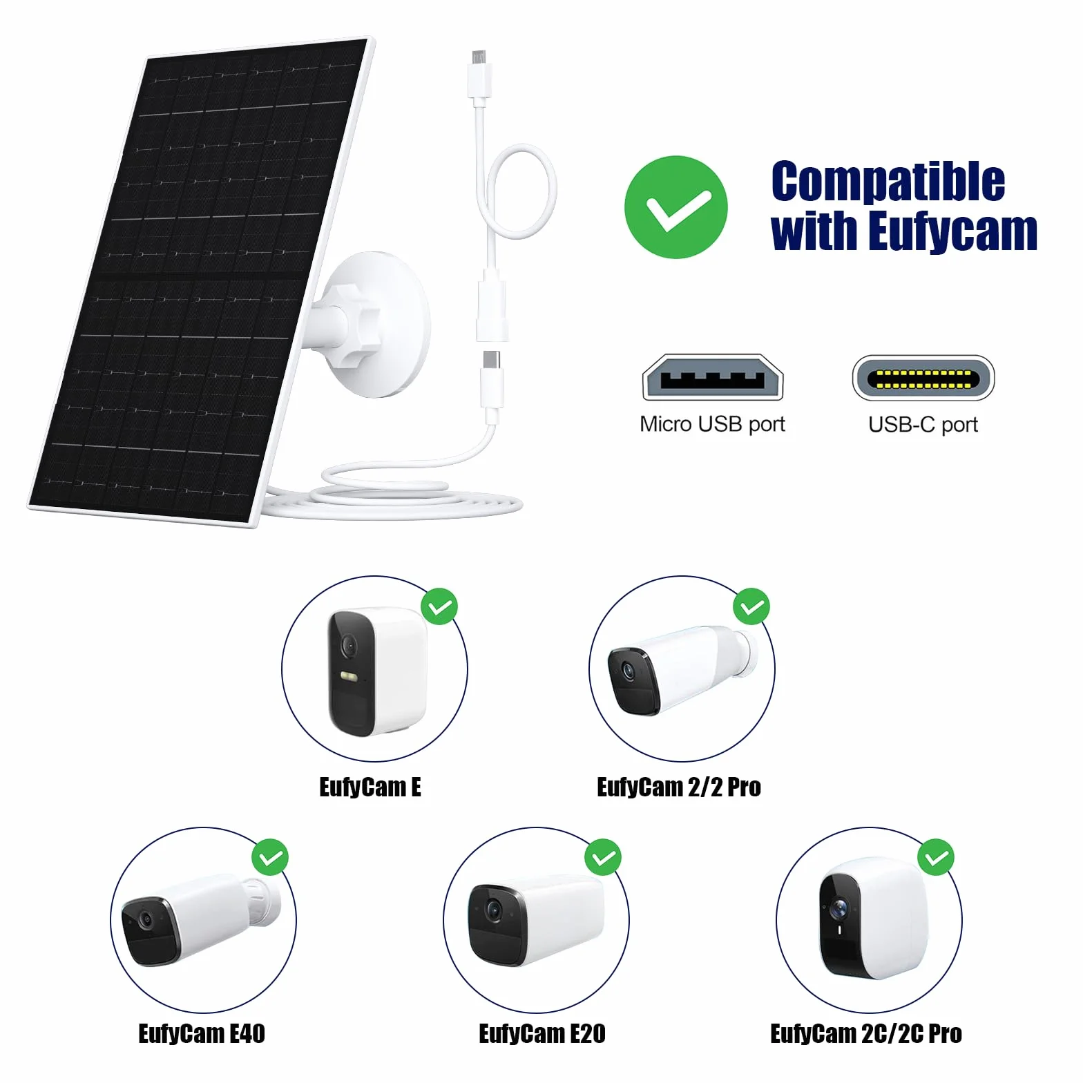 Panel słoneczny 7 W do kamery Eufy – kompatybilny z EufyCam 2C/2C Pro/2/2 Pro/E/E20/E40/L20/L40 – wodoszczelność IP66, kabel USB-C 3 m i uchwytem 360°