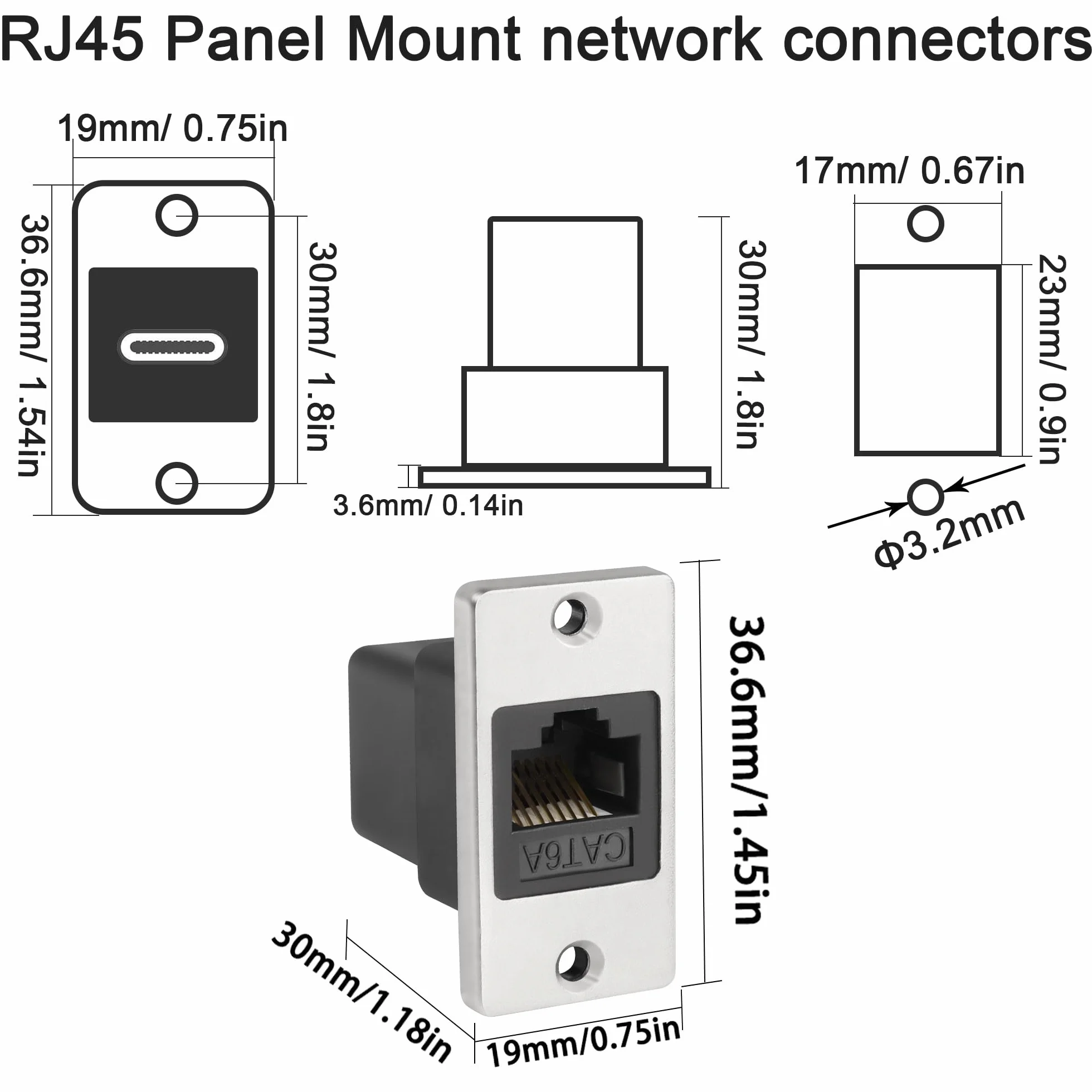 QIANRENON RJ45 Prostokątny panel sieciowy Cat6A żeński na żeński Ethernet złącze do montażu na gniazdku, do ścian urządzeń stacjonarnych