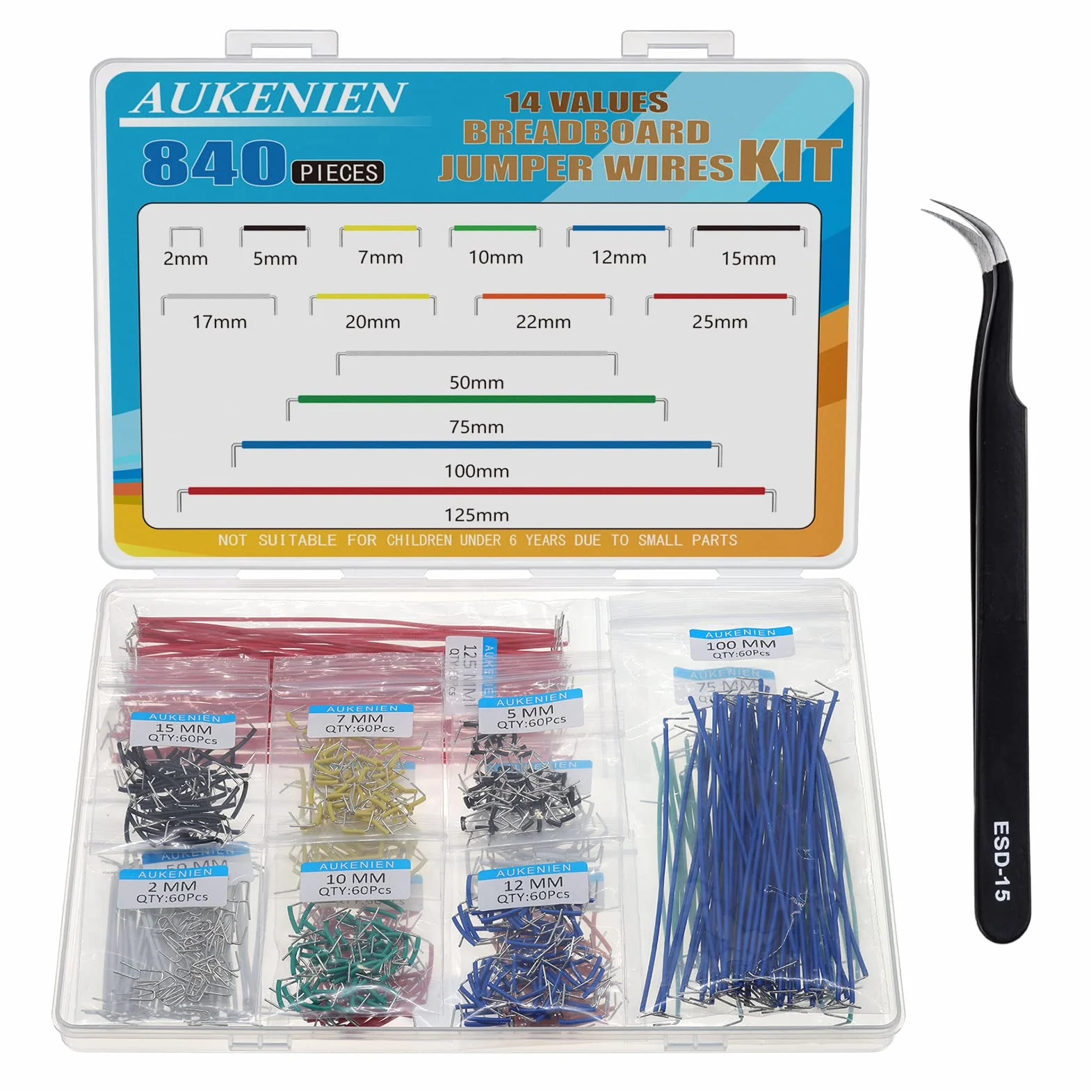 AUKENIEN Jumper Wire Breadboard Zestaw 14 Wartości 840 sztuk 2-125 MM U Shape Kabel Prototypowanie Zworka Kabel Płyta Odlewowa do Arduino z Pęselem
