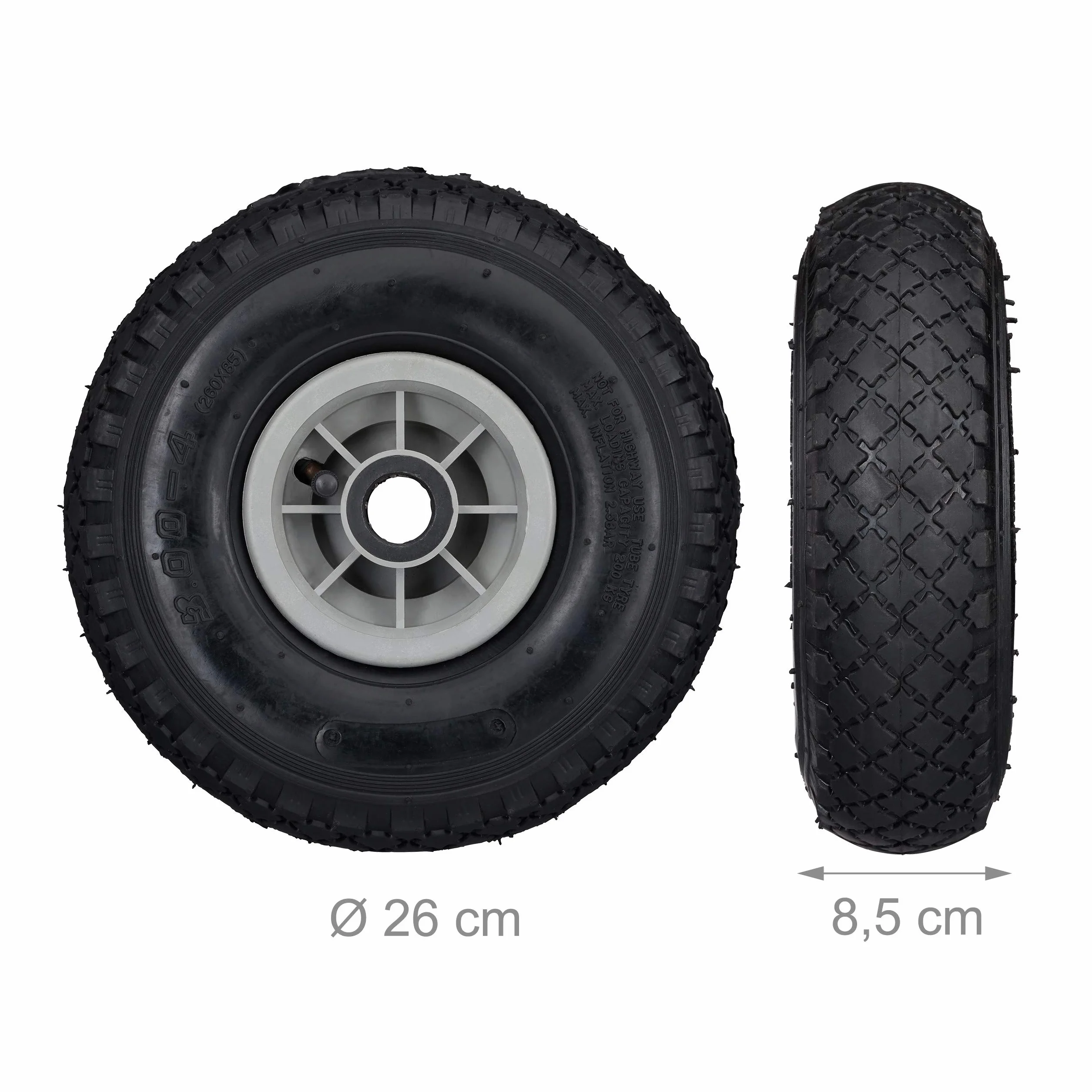 Relaxdays, czarno-szare, zestaw 2 kółek do wózka transportowego, 3.00-4, opony pneumatyczne, koło zapasowe z tworzywa sztucznego, 260 x 85 mm, oś Ø 25 mm, 10026066_957