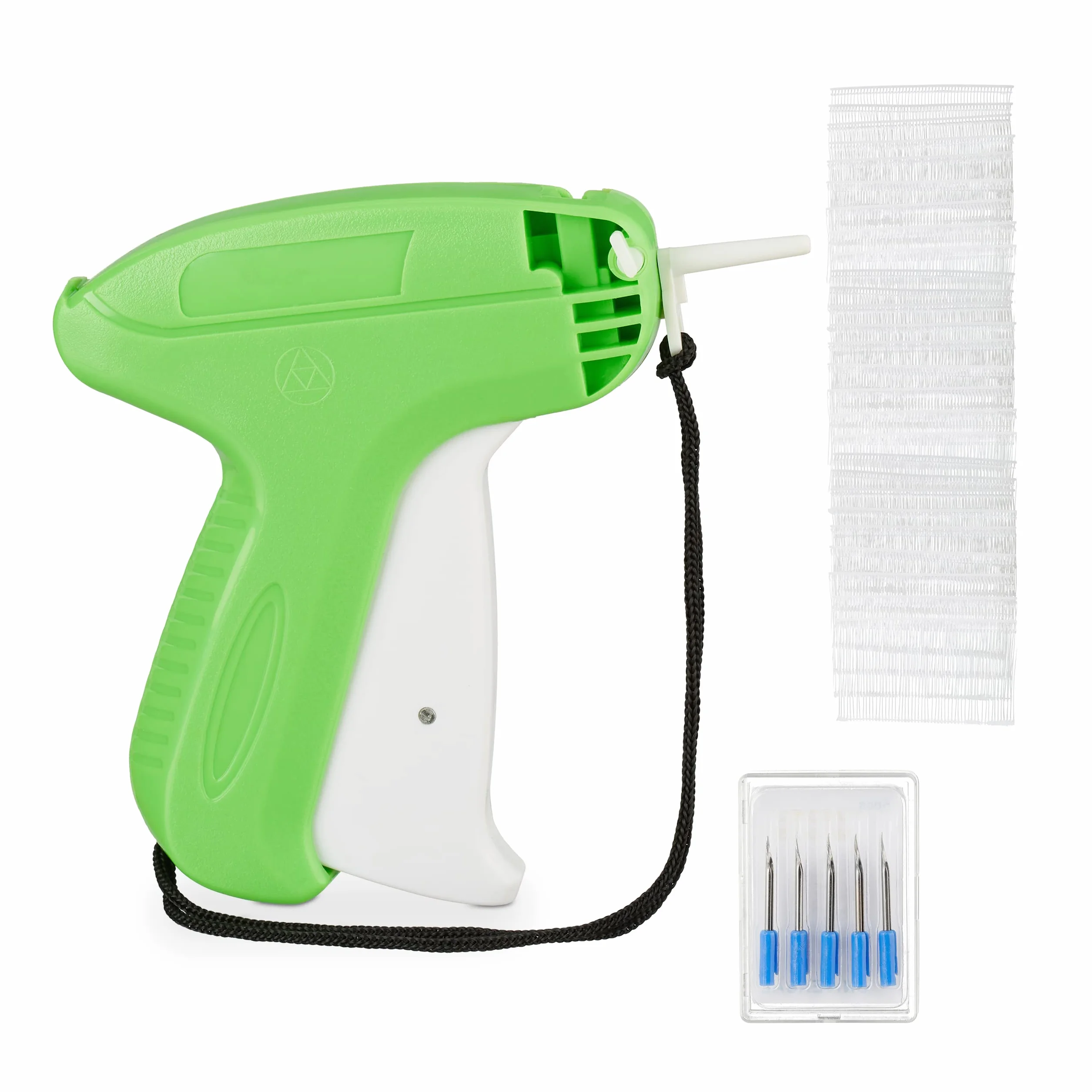Relaxdays Pistolet do etykietowania z 5 igłami i 5000 nici, strzelec do drutu, zielony biały