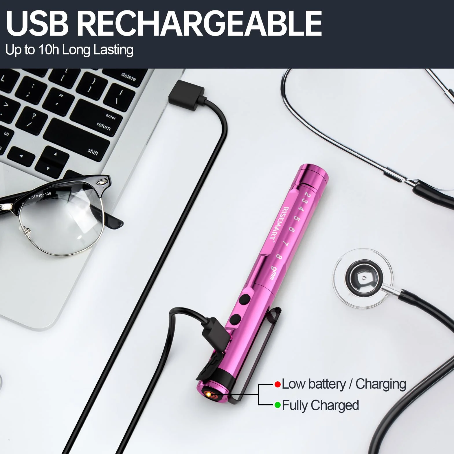 Lampa diagnostyczna, medyczna, z możliwością ponownego ładowania, z kablem USB, ciepła / zimna biel i bezstopniowe ściemnianie, przenośna, aluminiowa, medyczna lampa źrenicy z klipsem (różowa)