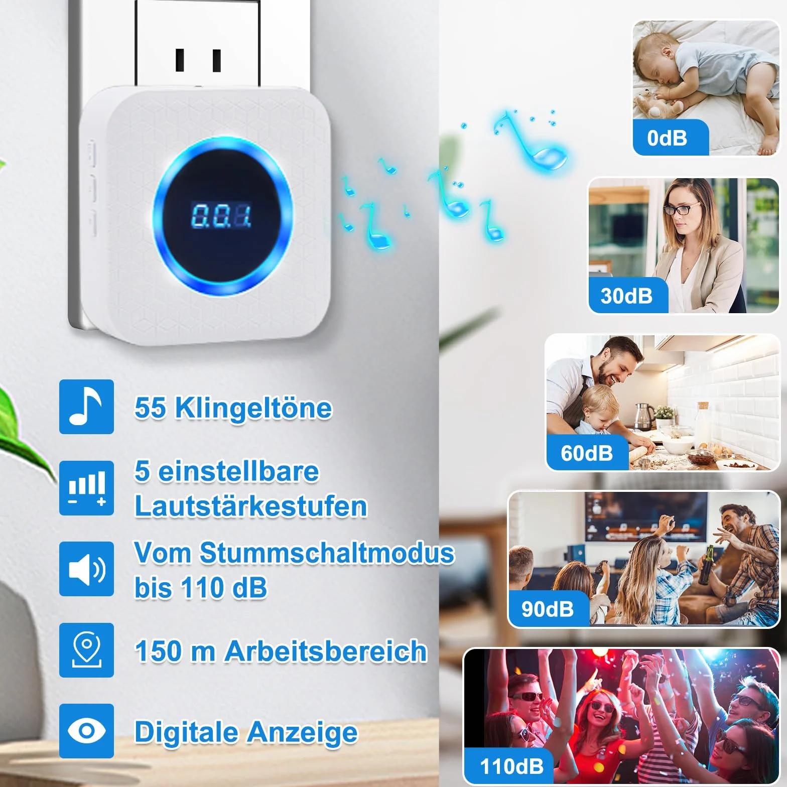 DAYTECH Przycisk alarmowy dla seniorów, przycisk awaryjny z 55 dzwonkami, 5 regulowanych poziomów głośności, bransoletka dla osób starszych/pacjentów/niepełnosprawnych