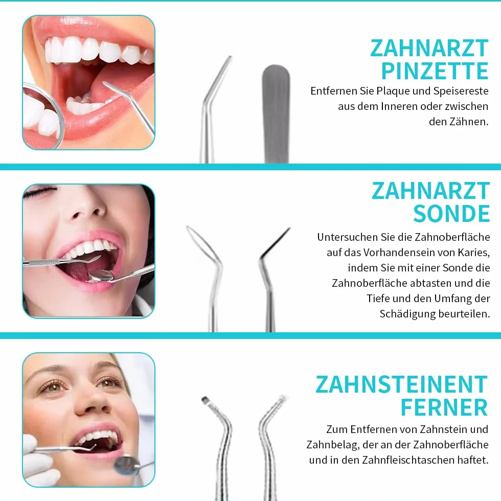 Dreamil Zestaw 6 sztuk do czyszczenia zębów, zestaw do czyszczenia zębów, sztućce dentystyczne, stal nierdzewna, lusterko dentystyczne, lustro jamy ustnej, pęseta do zębów, sonda dentystyczna