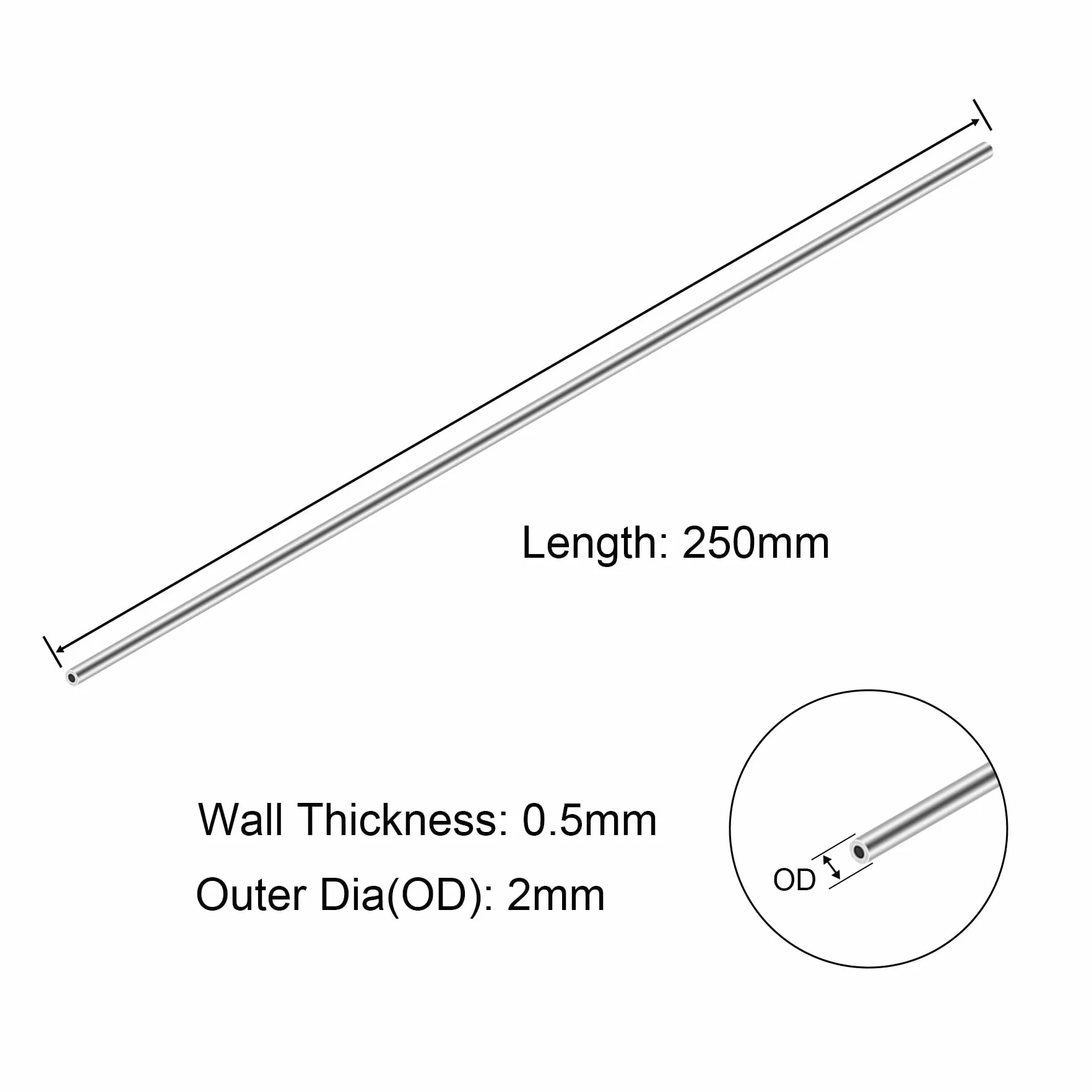 Okrągłe rury ze stali nierdzewnej 304, średnica zewnętrzna 2 mm x 0,5 mm, grubość ścianki, długość 250 mm, rura ze stali nierdzewnej, przemysłowa prosta rura (3 szt.)