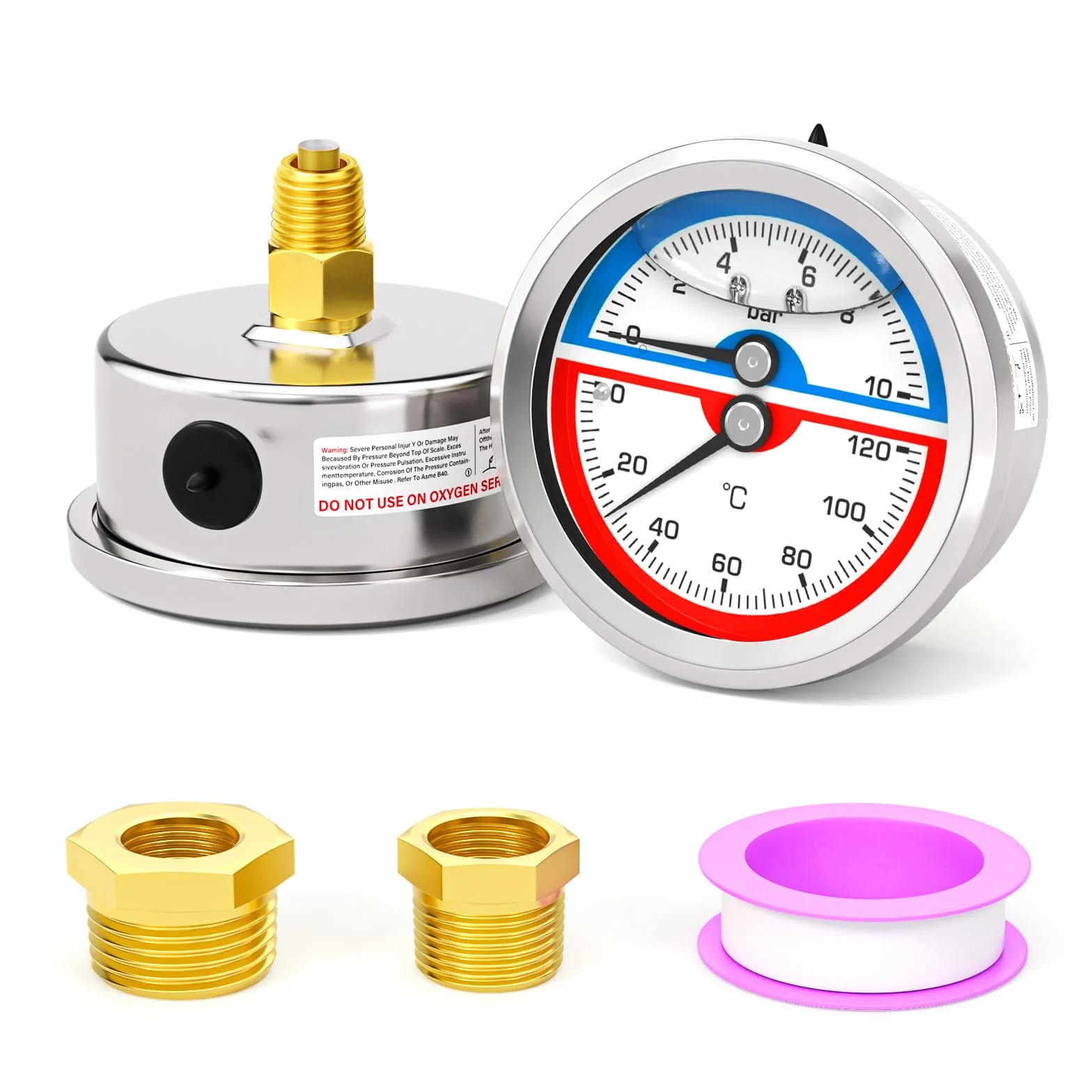 MEANLIN MEASURE ciśnieniomierz ze stali nierdzewnej 0~10 BAR/150 PSI 0~120℃ 1/4" BSP 2,5" FACE DIAL