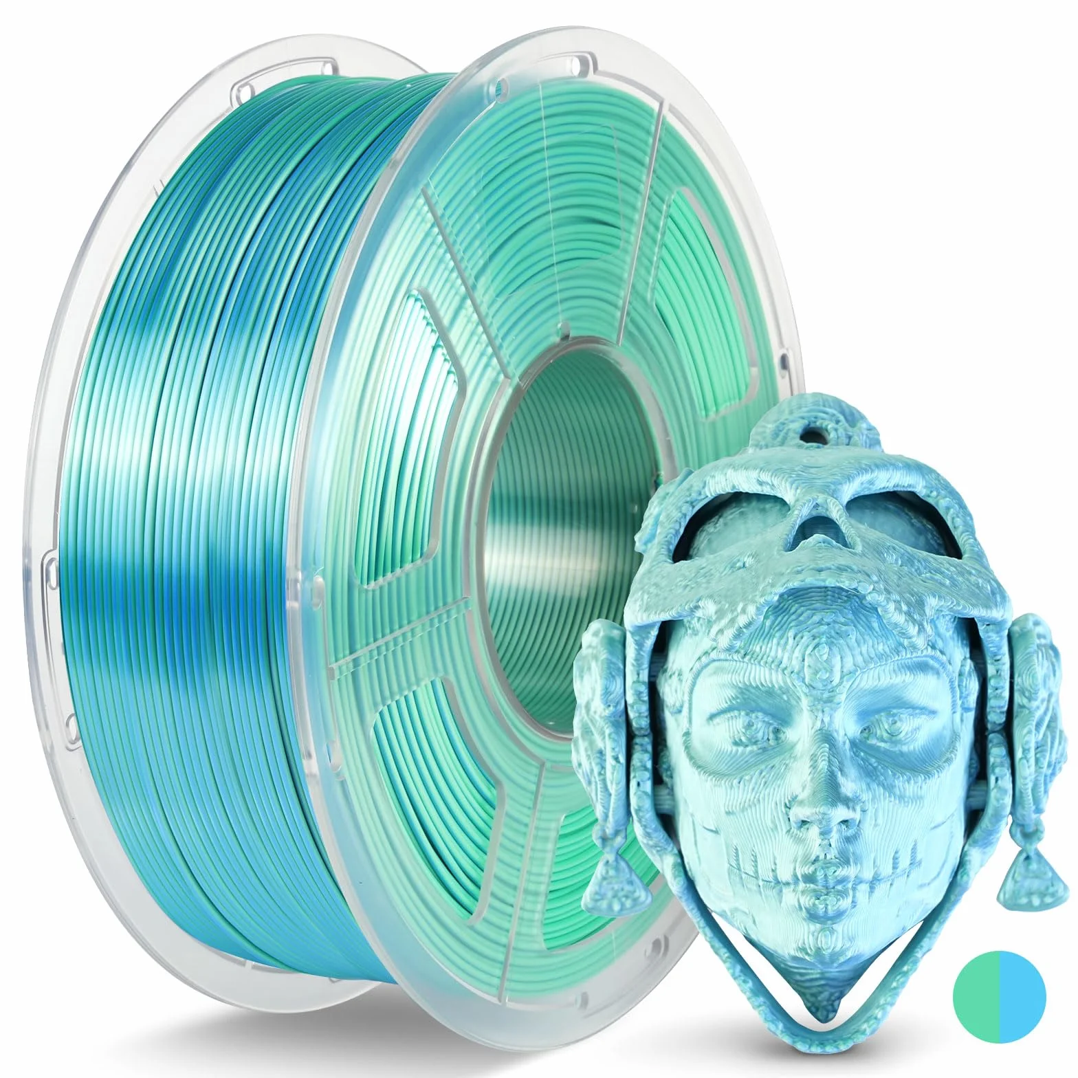 JAYO Filament PLA SILK 1,75 mm 1,1 KG podwójny kolor niebieski+zielony błyszcząca jedwabista powierzchnia zmiana koloru 360° dokładność +/-0,02 mm