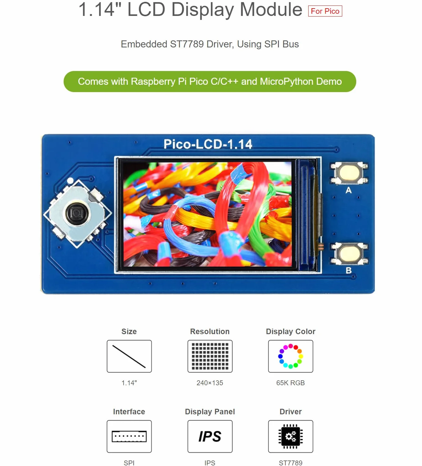 Waveshare 1.14inch LCD Display Module for Raspberry Pi Pico 240x135 SPI ST7789 IPS