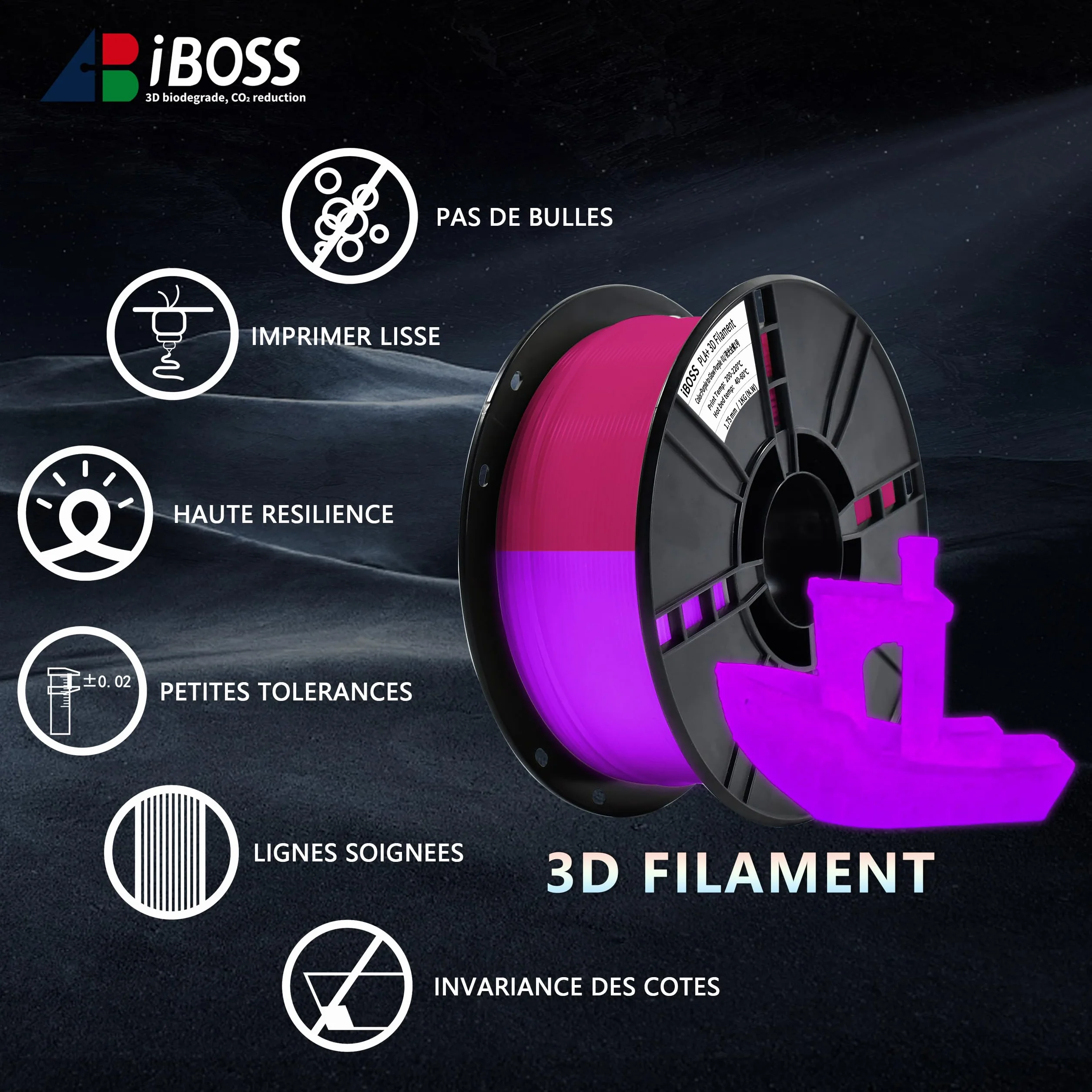 iBOSS PLA+ Filament PLA PLUS, drukarka 3D Filament PLUS, dokładność wymiarowa 1,75 mm +/- 0,02 mm, 1 kg, 2,2 funta, jasny fioletowy