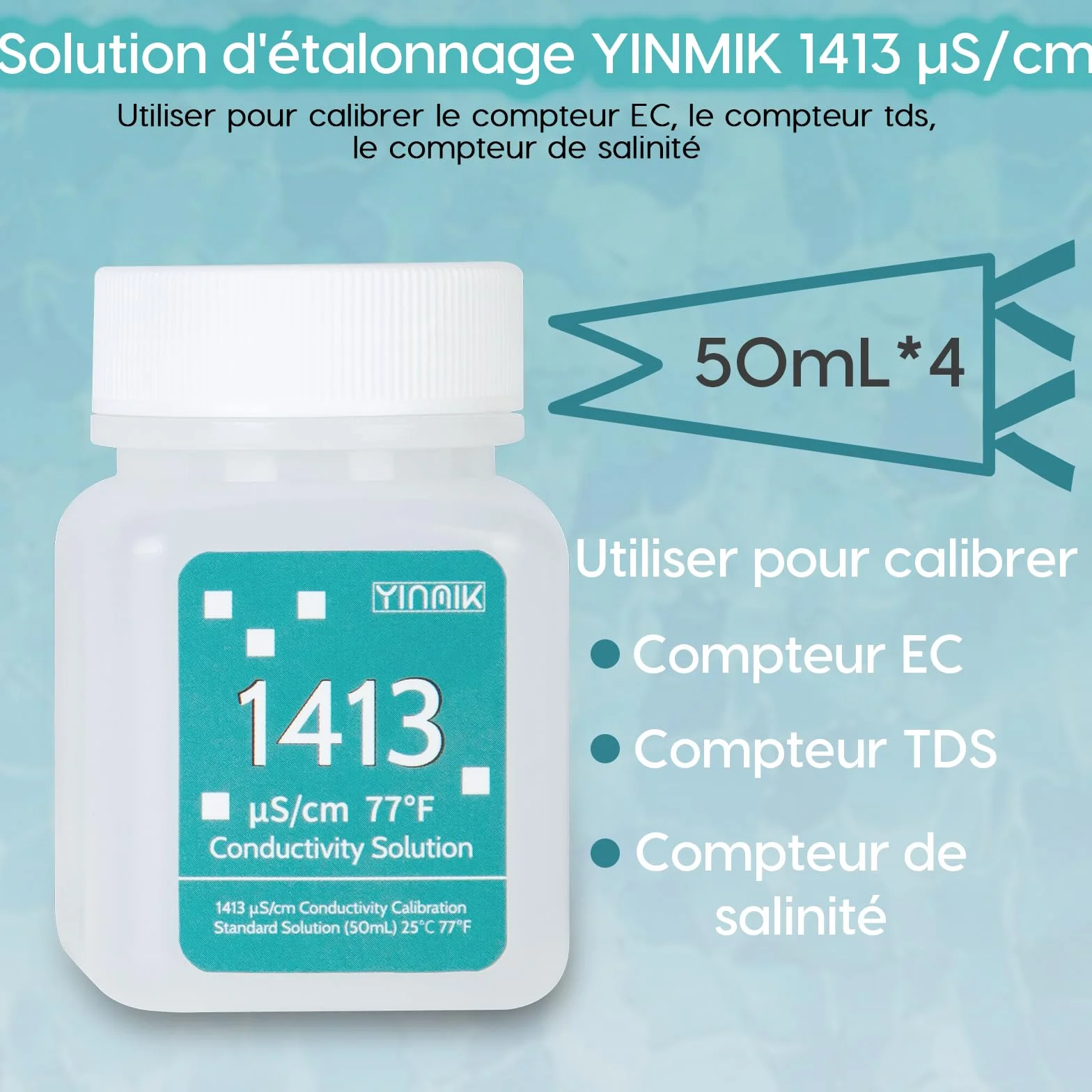 YINMIK Roztwór EC 1413 µS/cm do kalibracji przewodności, 4 x 50 ml, zestaw do testu zasolenia