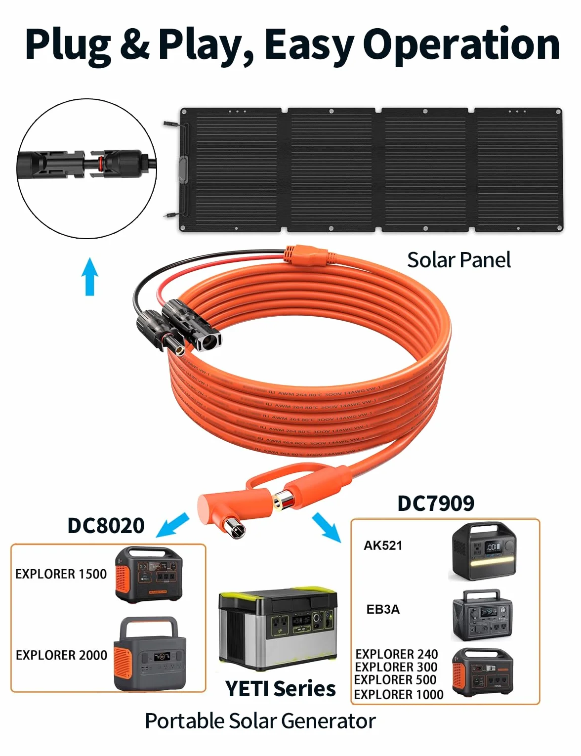 TONTON Wtyczka solarna na DC 8mm i DC 8020, 2 m wtyczka i gniazdo ogniw słonecznych na DC7909 DC8020, kabel adapterowy, kabel do ładowania solarnego, wtyczka fotowoltaiczna, generatory słoneczne