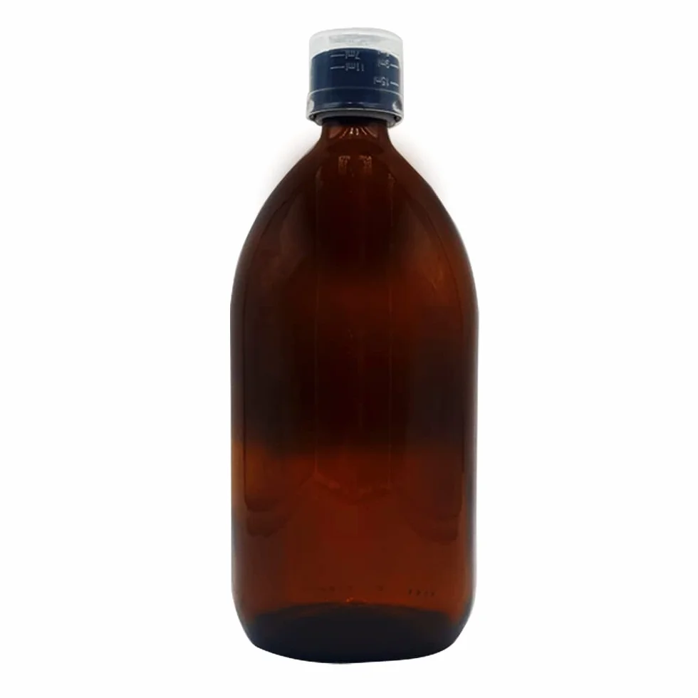 Szklana butelka 1000 ml brązowa z pokrywką, kubek z miarką i etykietą