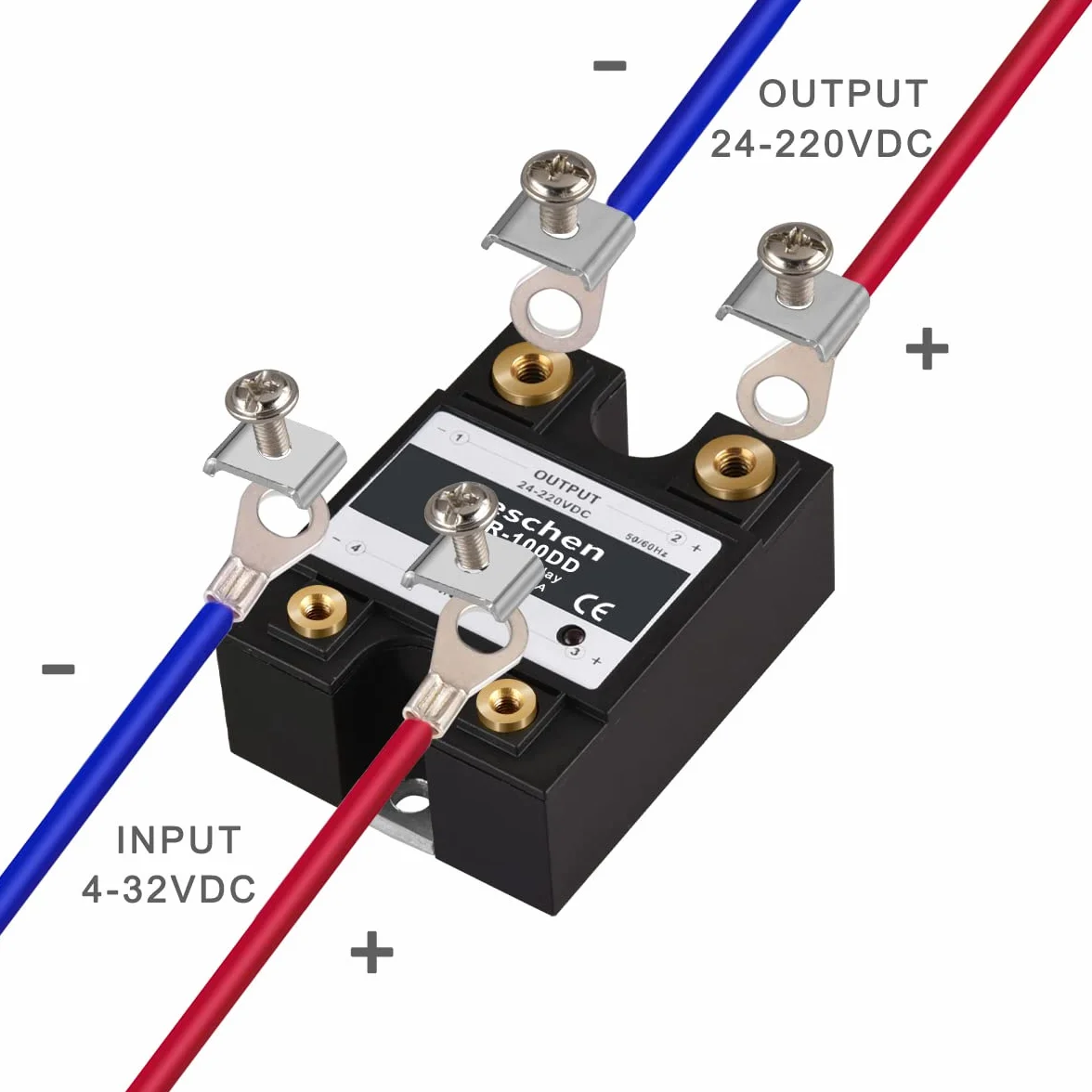 Heschen Przekaźnik półprzewodnikowy jednofazowy DC/DC, SSR-100DD, wejście 4-32VDC, wyjście 24-220VDC, 100A 50-60Hz