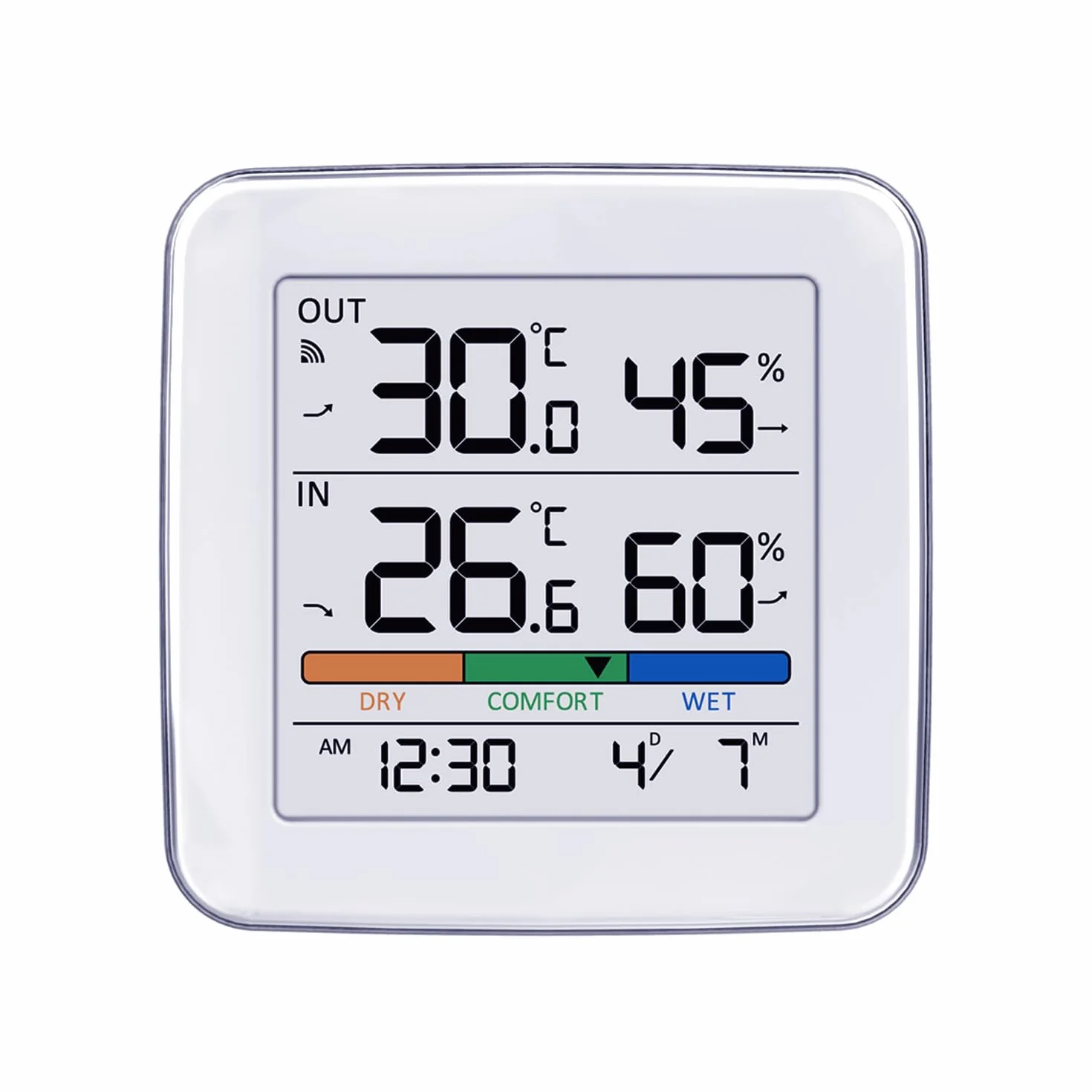 GreenBlue GB169 bezprzewodowa stacja pogodowa z czujnikiem zewnętrznym: temperatura wewnątrz i na zewnątrz, wilgotność powietrza, budzik, alarm, wskaźnik komfortu, wyświetlacz LCD, zasięg 60 m