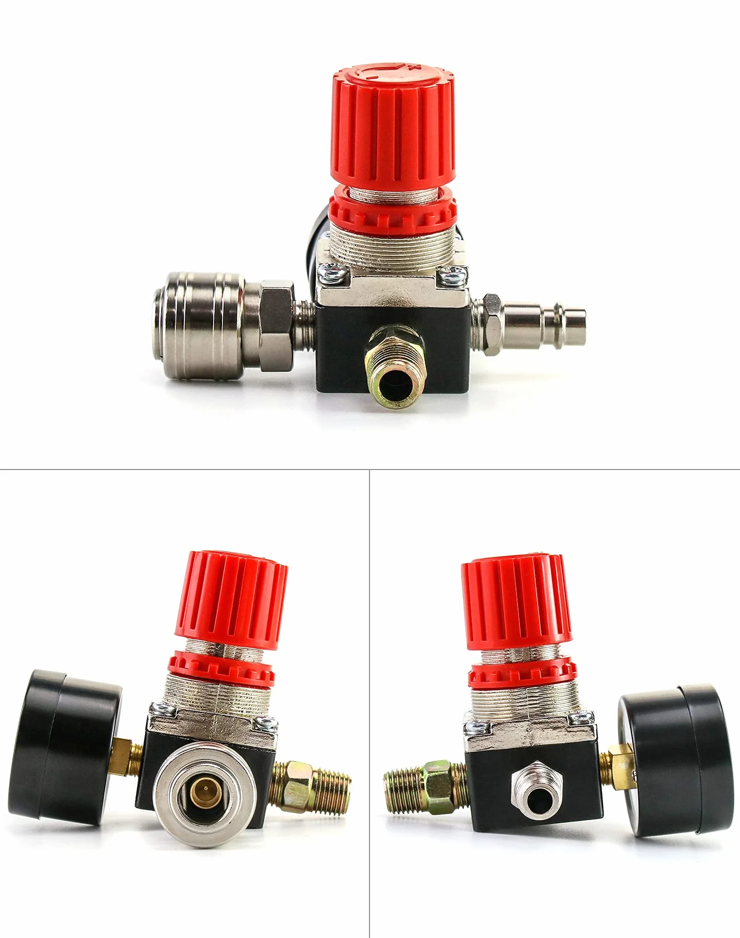 QWORK® Regulator ciśnienia sprężarki powietrza, zawór regulacji ciśnienia w standardzie UE 1/4" Zawór przełączający ciśnienie z manometrem 175PSI 12Bar do sprężarki powietrza (4 otwory)