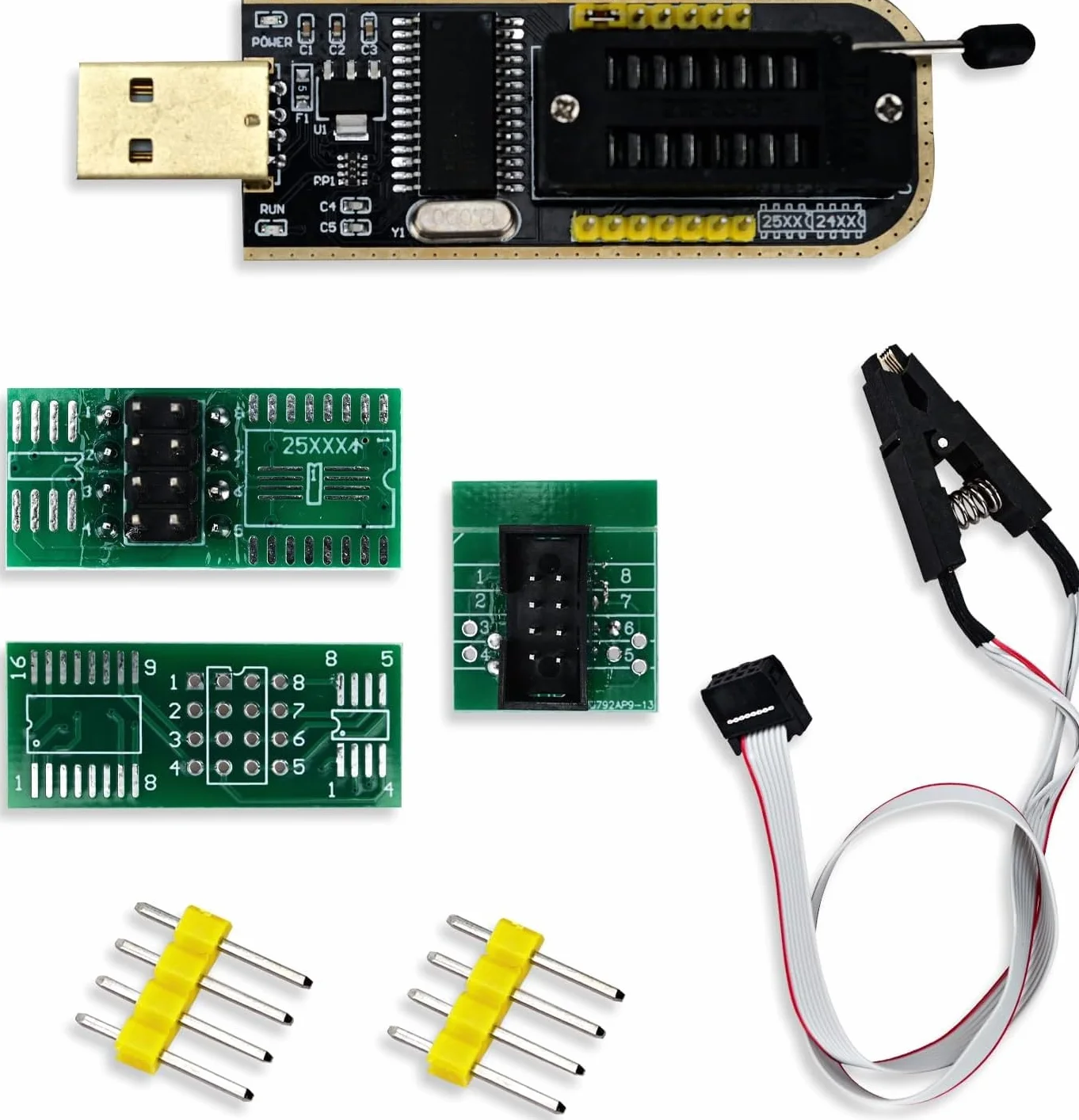 CH341A Programator z klipsem testowym SOP8, podwójna płytka Flash Chip IC do serii 25 Flash BIOS USB moduł