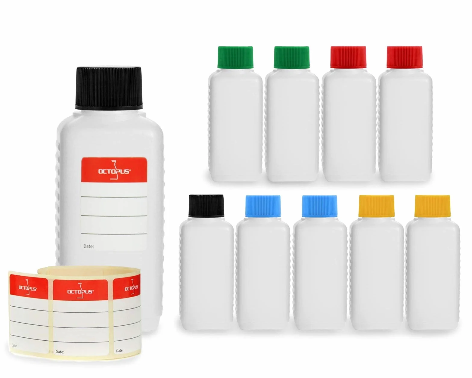 10 x 100 ml butelki z tworzywa sztucznego HDPE, butelki plastikowe, przeznaczone do kontaktu z żywnością, np. do samolotu, podróży, na kemping, kolorowe pokrywki