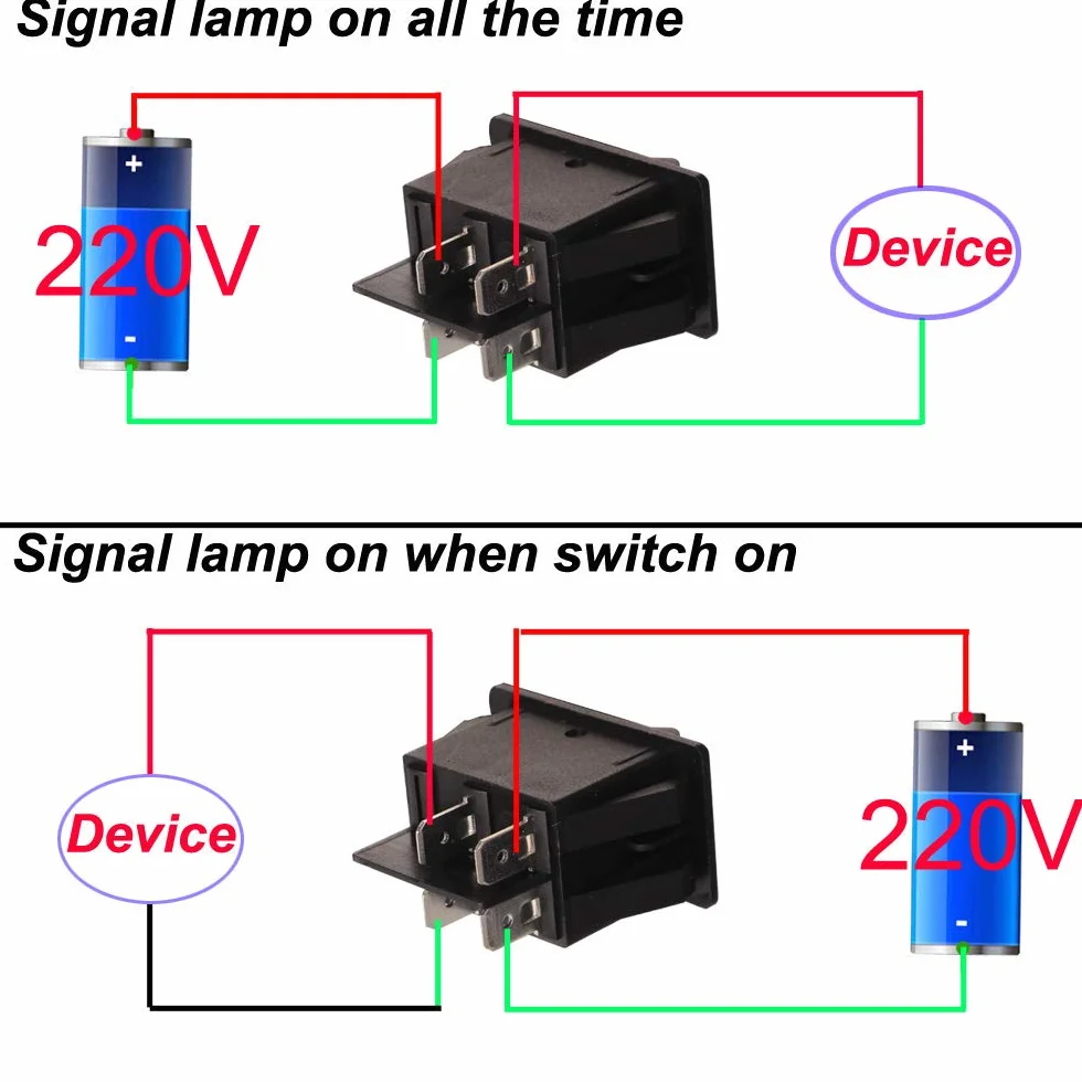 Gebildet 4 Szt. 230 V Ac Dpst 4 Piny 2 Pozycje Wł./Wył. Czerwony/Niebieski/Żółty/Zielony Led Light Podświetlany Wodoodporny Przełącznik Kołyskowy Przełącznik Dwupozycyjny (16 Szt. Złącze Przewodu)