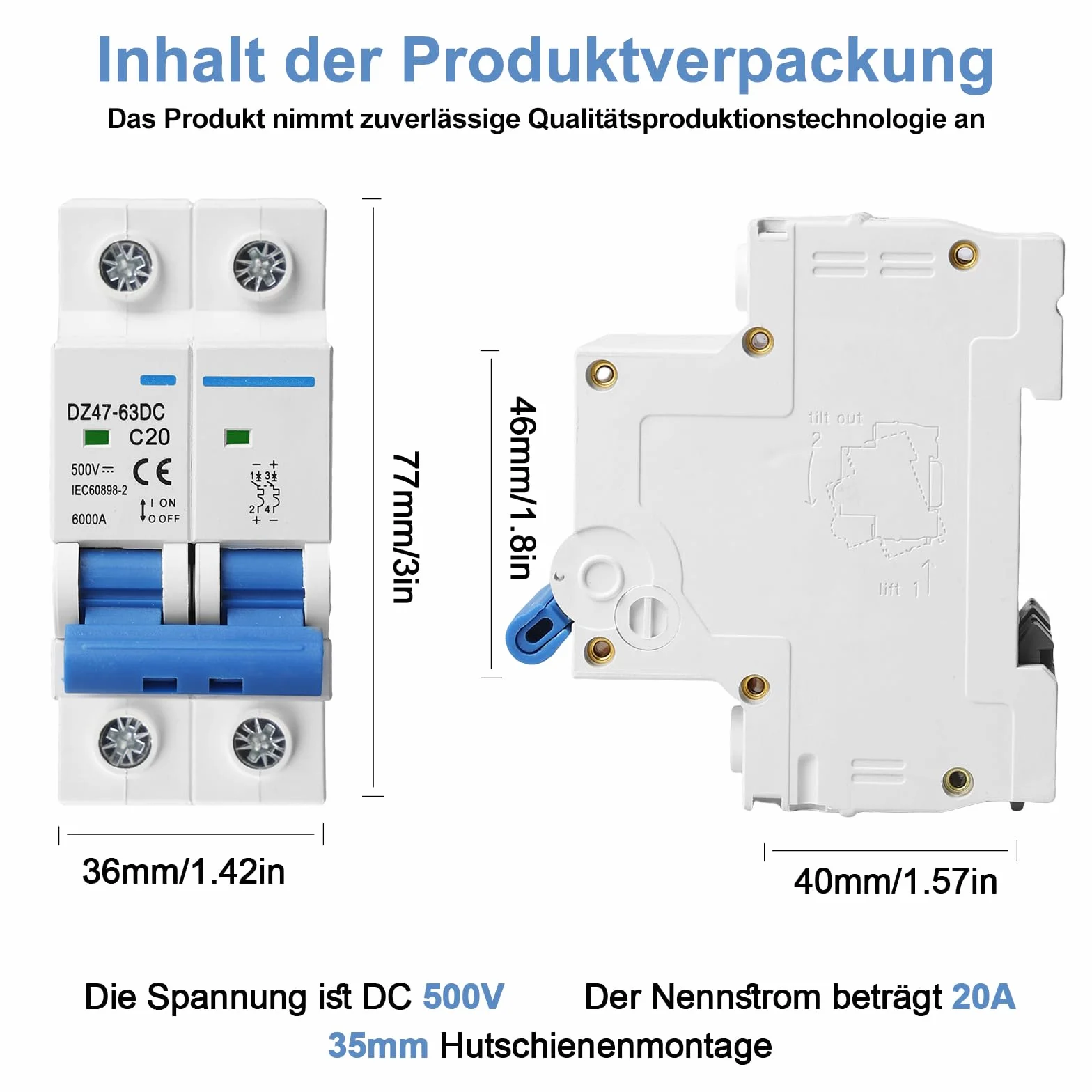 2 sztuki DC wyłącznik PV, 500 V, 20 A, 2-biegunowy, solarny wyłącznik nadmiarowy, wyłącznik bezpieczeństwa do systemów fotowoltaicznych, 35 mm, montaż na szynie DIN