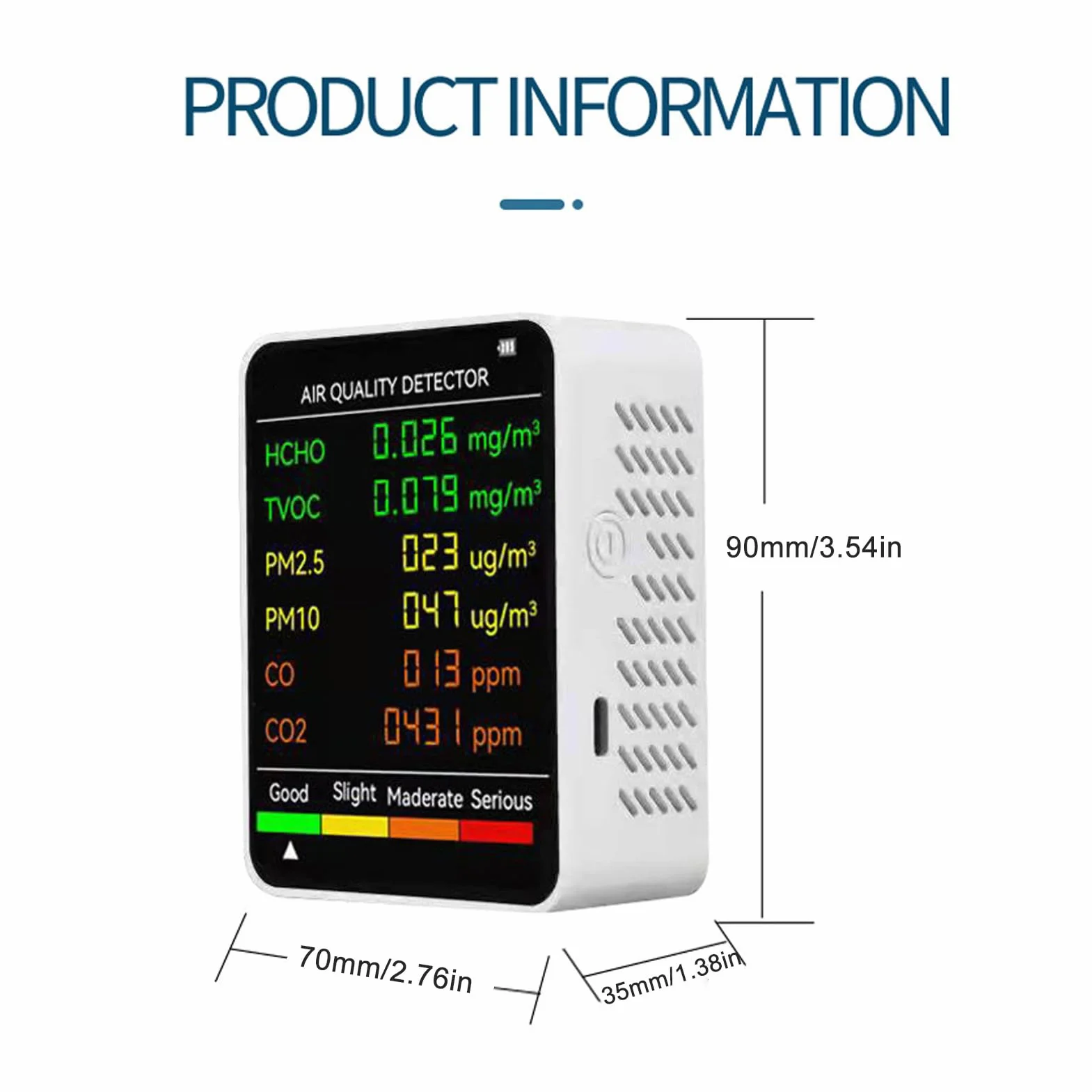 Miernik CO2 Jakości Powietrza Przenośny Detektor Dwutlenku Węgla z Podświetlanym Ekranem LCD CO2 TVOC HCHO PM2.5 PM10 Biały