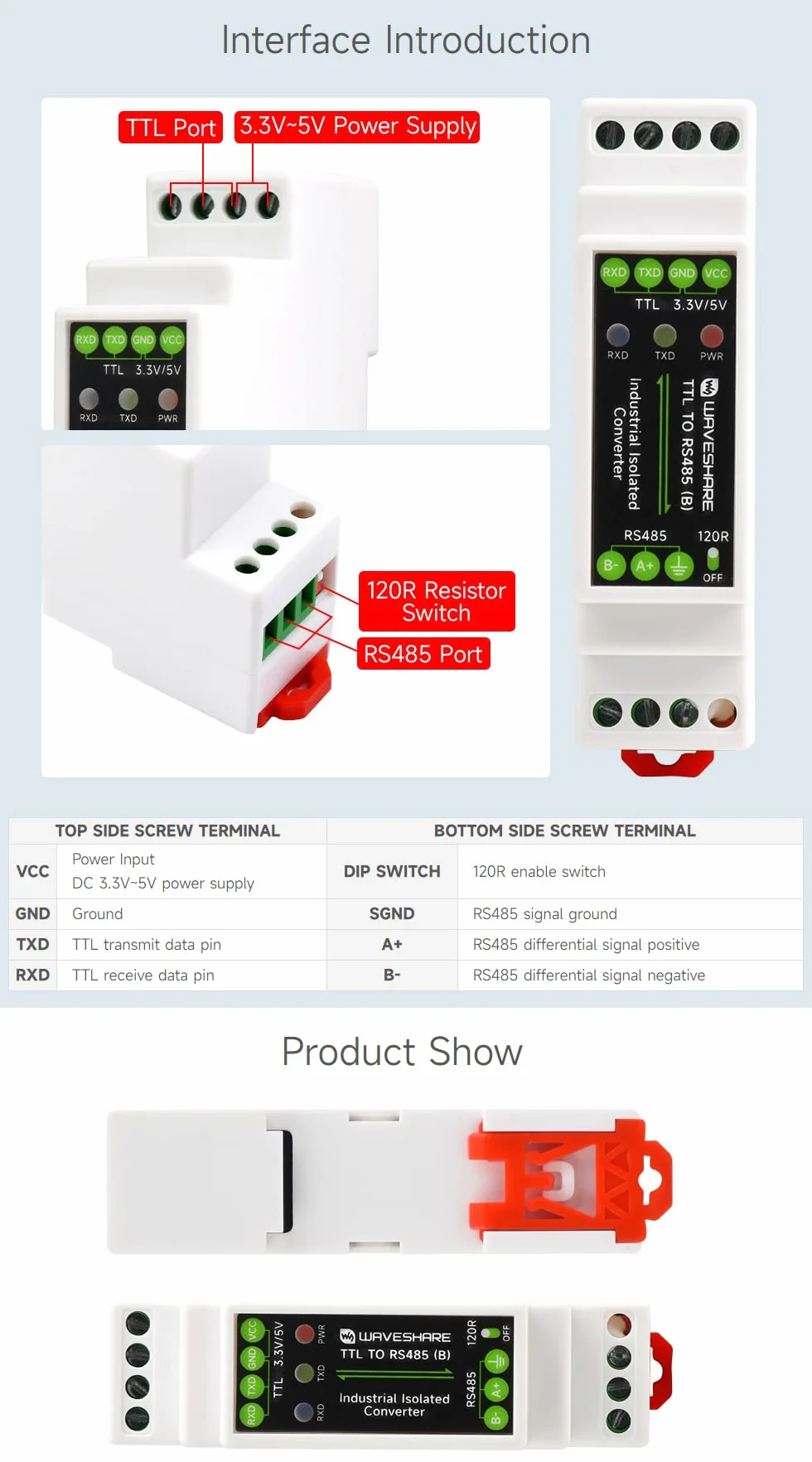 Waveshare Rail-mount TTL to RS485 Galvanic Isolated Converter 600W Lightningproof Anti-Surge