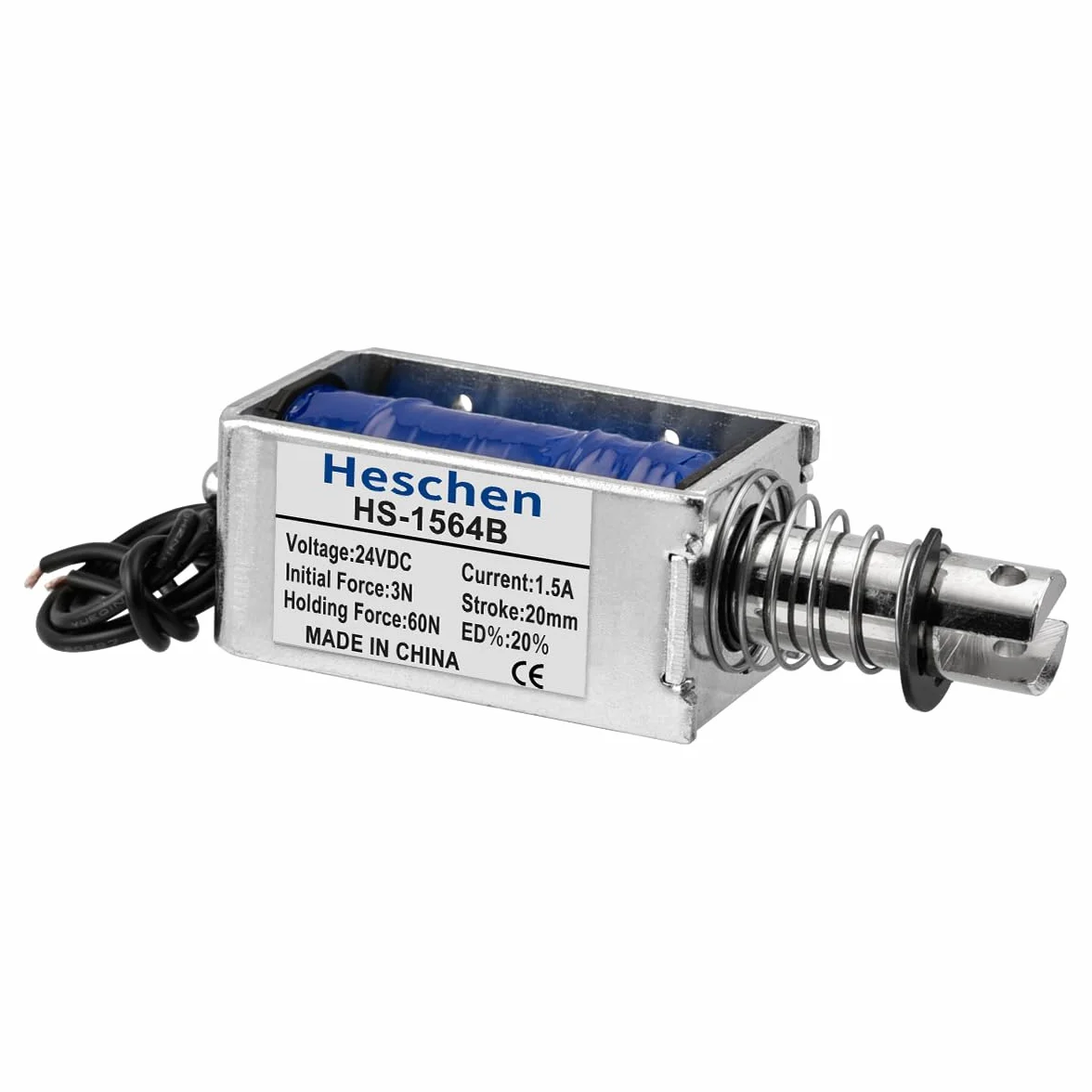 Heschen Elektromagnes elektromagnetyczny, HS-1564B, DC24V 1,5A, skok 20 mm, siła 60N, typ Push Pull, otwarta rama, ruch liniowy
