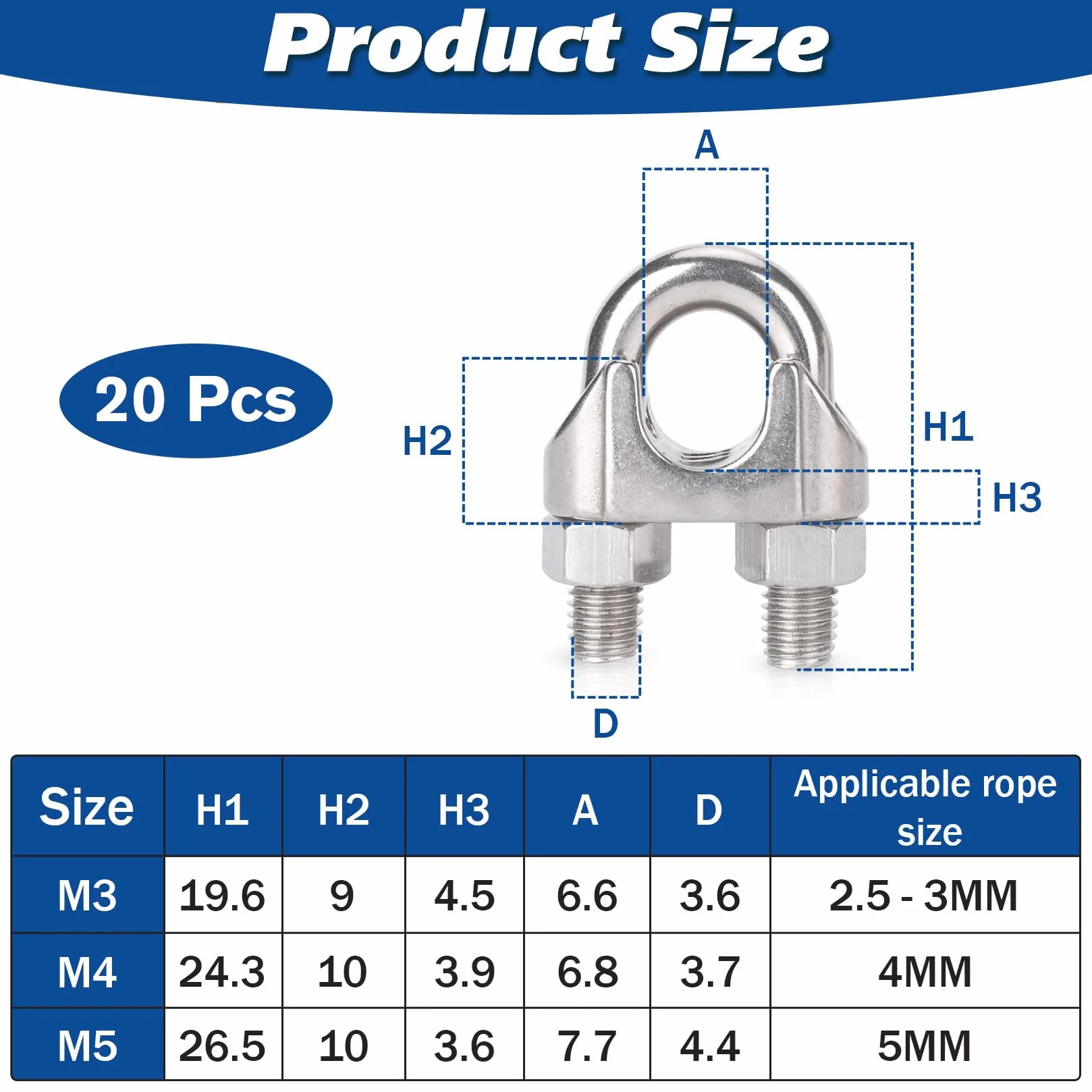Zacisk linowy 6 mm, 20 sztuk zacisków ze stali nierdzewnej M6, zaciski do linek stalowych Ø 6 mm (6 mm)