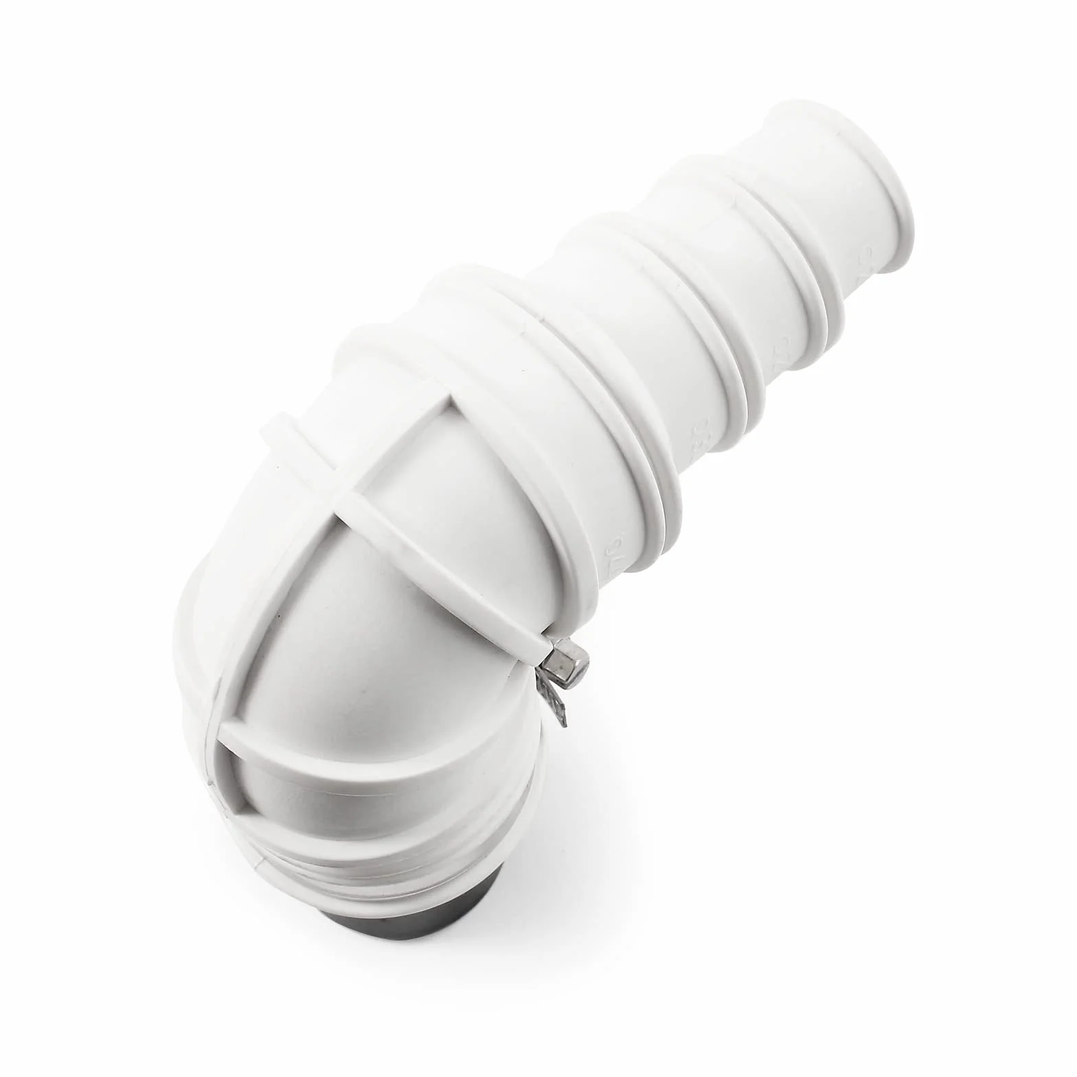 Zawór zwrotny Wiltec DN40 do zastosowań sanitarnych, zawór zwrotny o średnicy zewnętrznej 40 mm, kolanko 90° ze stopniowaną wylewką i zacisk węża