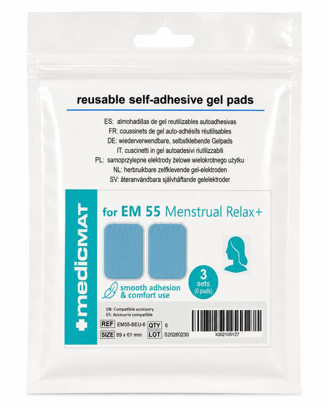6 podkładek żelowych, w 100% kompatybilne z Beurer EM 55 Menstrual Relax +, oszczędzaj do 30%