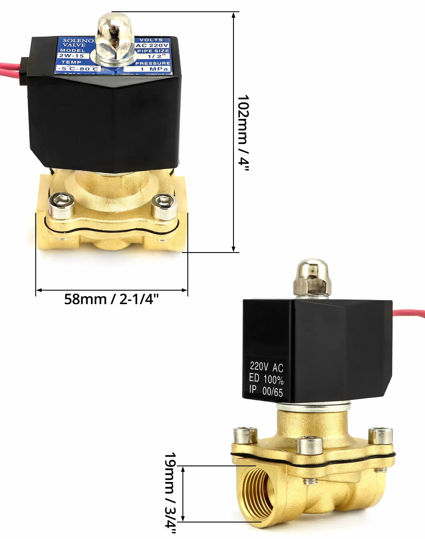 QWORK® Elektrozawór 220V 1/2''G mosiężny na wodę powietrze olej gazowy DN15