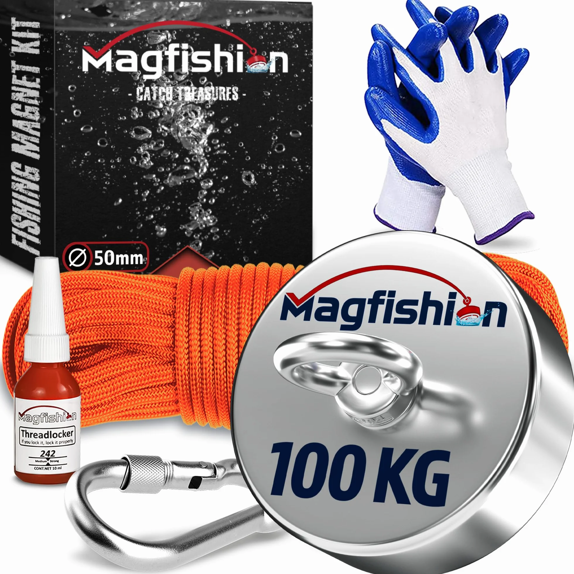 Magfishion - Mocny magnes neodymowy - 100 kg - Magnes wędkarski - Ø 50 mm - z liną (20 m) i rękawicami - Magnetyczny zestaw wędkarski - magnes na oko