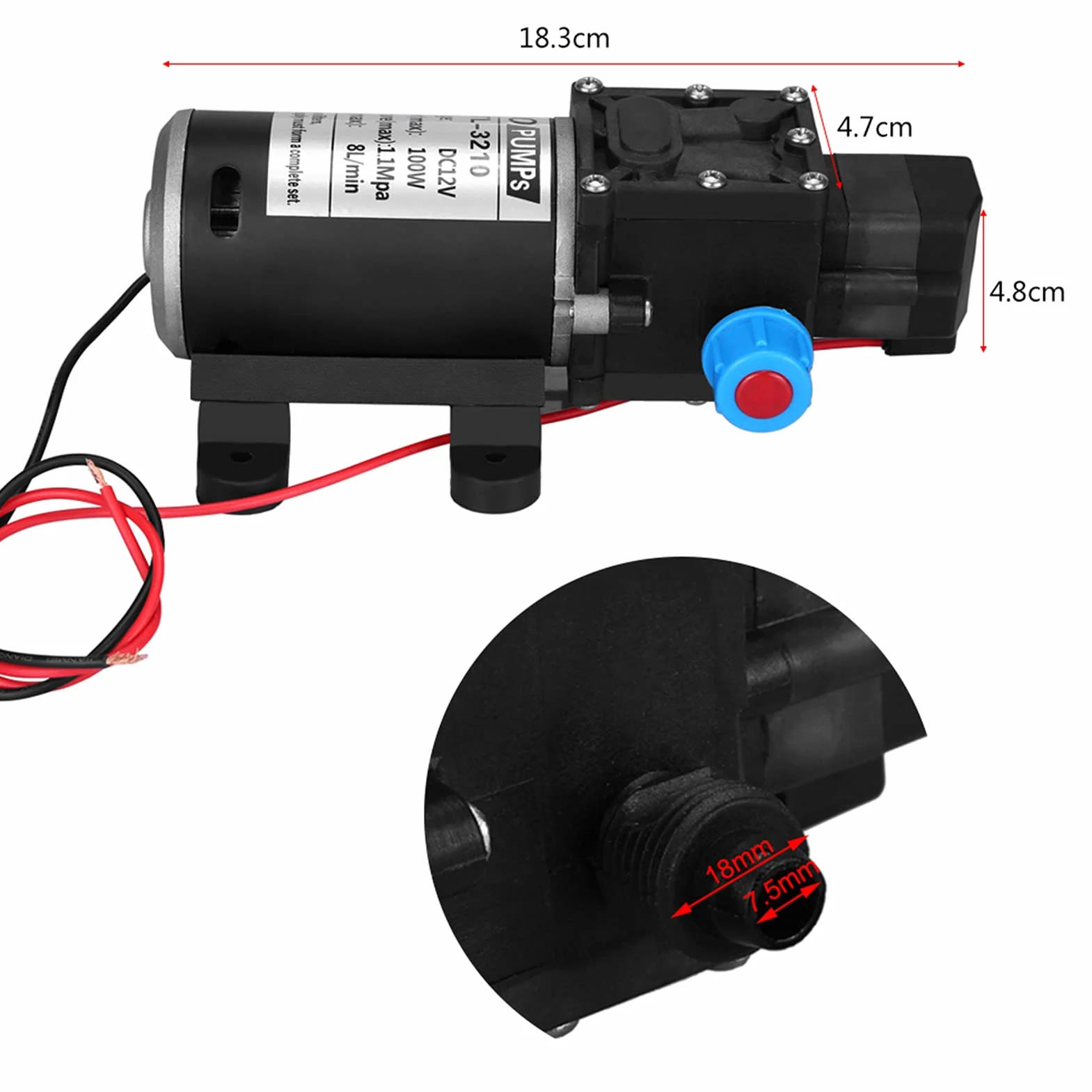 Pompa Wodna 12V DC 100W 8L/Min 160Psi Samozasysająca Membranowa