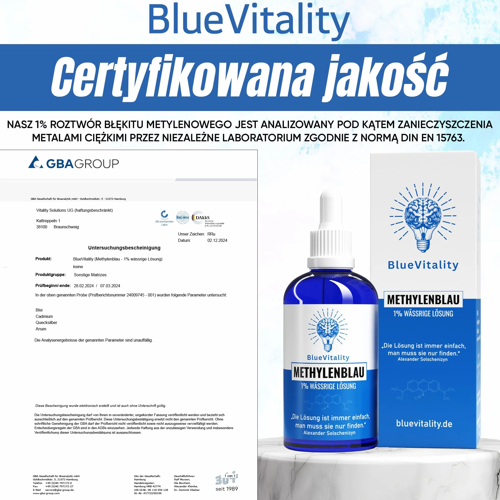 Błękit metylenowy 1% roztwór 100 ml Premium jakość farmaceutyczna USP Niemcy