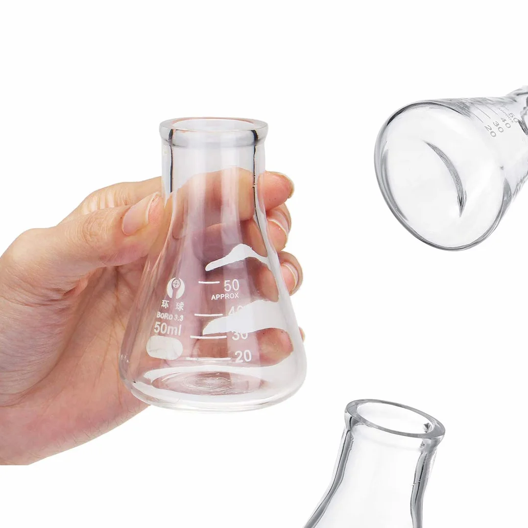 Szklane fiolki Erlenmeyer, JESSTOLO 50 ml, szklana butelka stożkowa, 50 ml szklana zlewka, 10 ml/5 ml cylinder z podziałką, 2 szczotki do czyszczenia, 3 szklane probówki i 2 szklane mieszadła