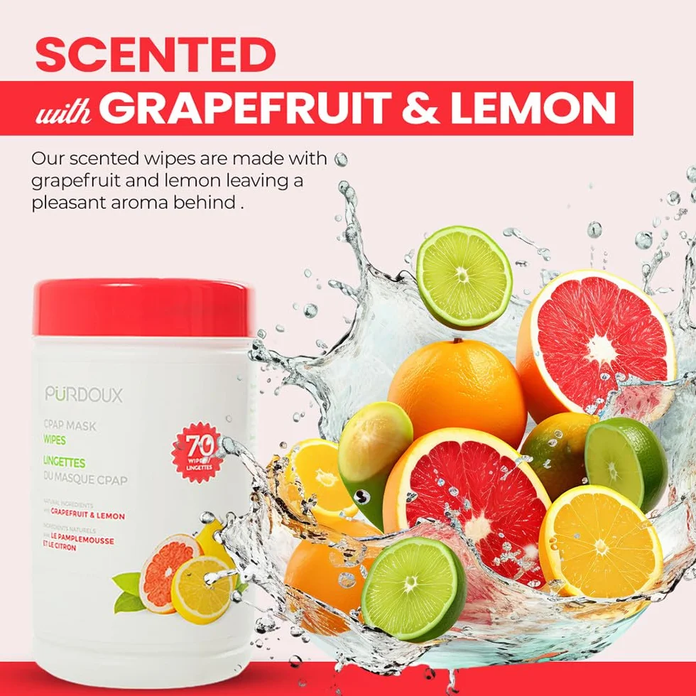 PÜRDOUX ? CPAP mask wipes with grapefruit lemon scent, canister of 70 wet wipes