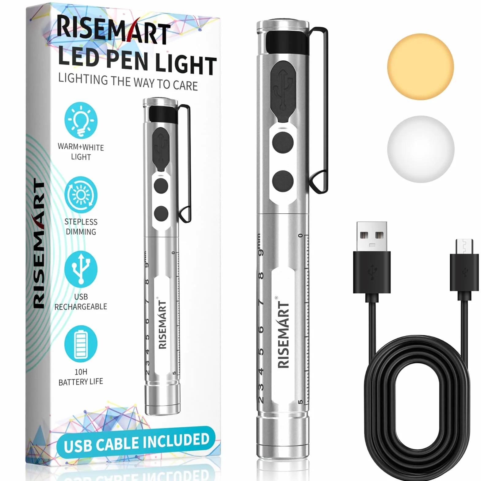 Lampa diagnostyczna LED źrenicy, ładowalna, aluminiowa, ciepła/zimna biel, ściemnianie, przenośna, z klipsem (sliber)