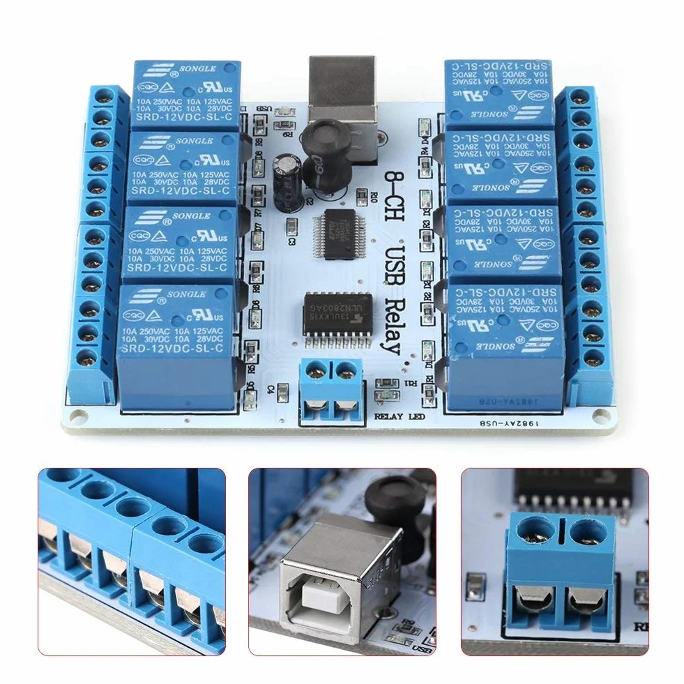 8-kanałowy moduł przekaźnika USB Typ-B Moduł sterujący DC dla robotyki automatyki 12V