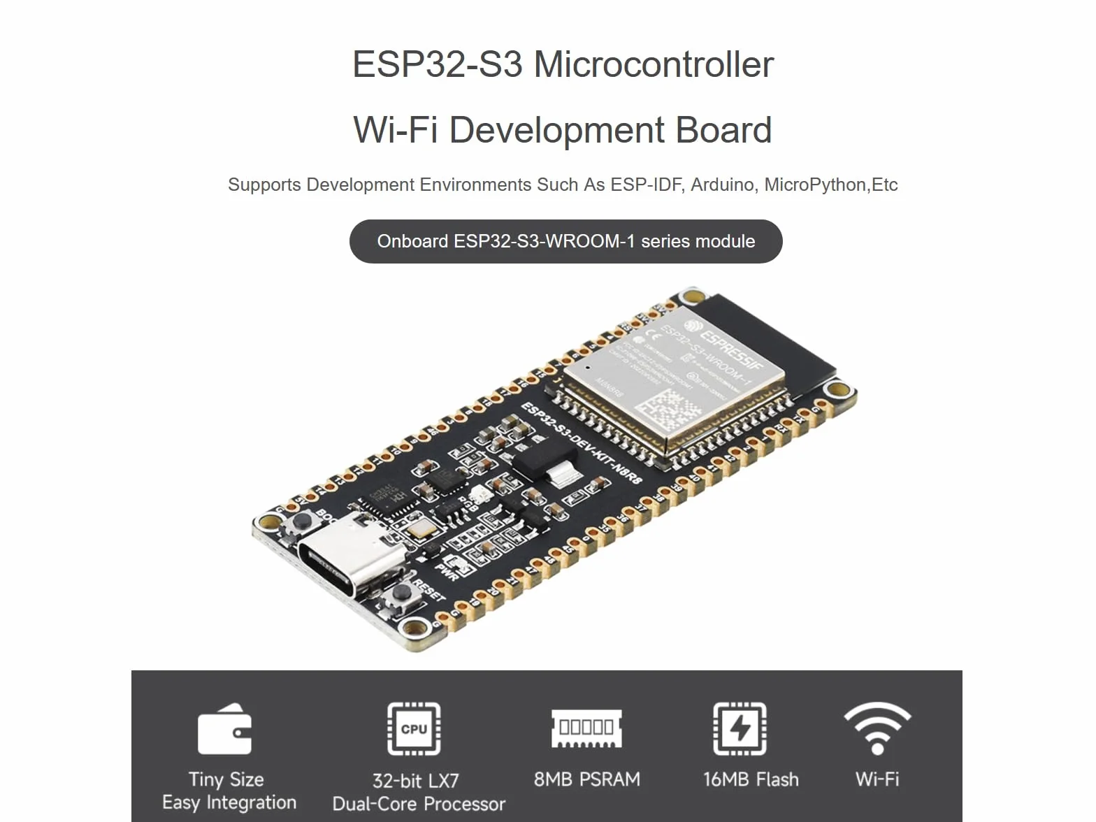 Waveshare ESP32-S3 płyta rozwojowa Wi-Fi ESP32-S3-WROOM-1 240 MHz 512 KB SRAM 8 MB PSRAM 16 MB Flash USB-C