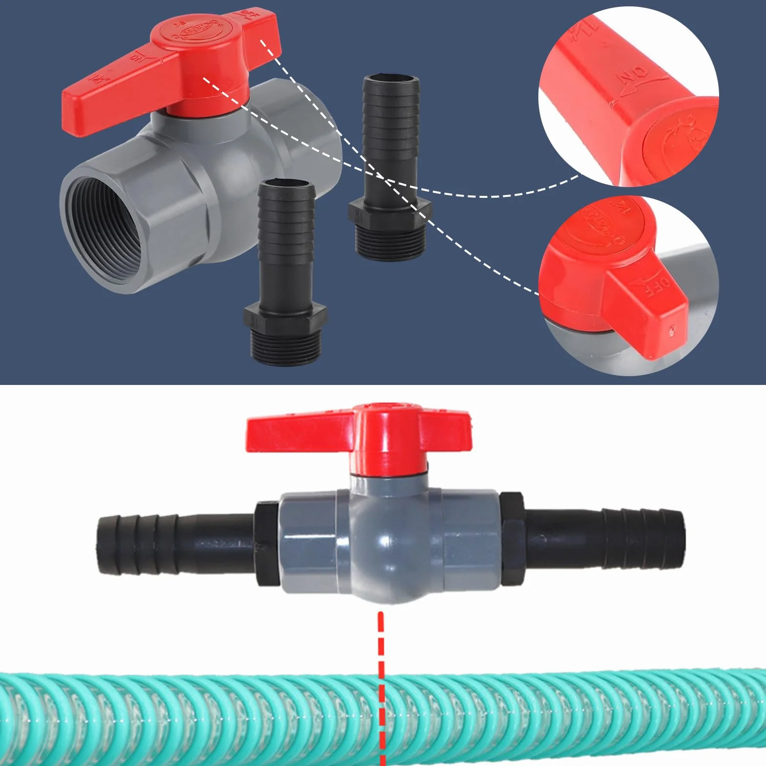 Zawór kulowy PVC 1 1/4" (40 mm) gwint wewnętrzny z przyłączem węża 2 tuleje 32 mm