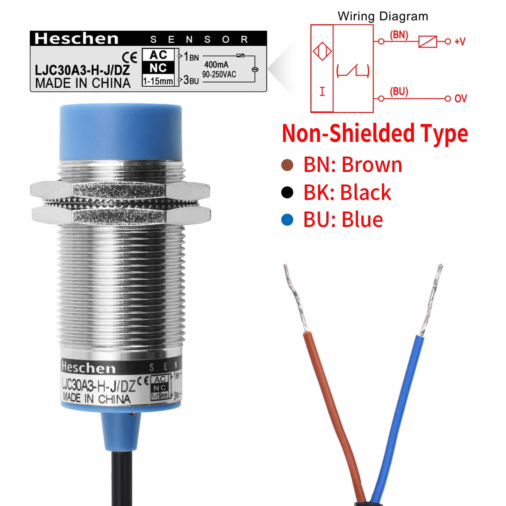 Heschen Pojemnościowy czujnik zbliżeniowy LJC30A3-H-J/DZ 1-15 mm 90-250 VAC 400 mA normalnie zamknięty (NC) 2 kable, pojemnościowy, automatyczny, szary, niebieski