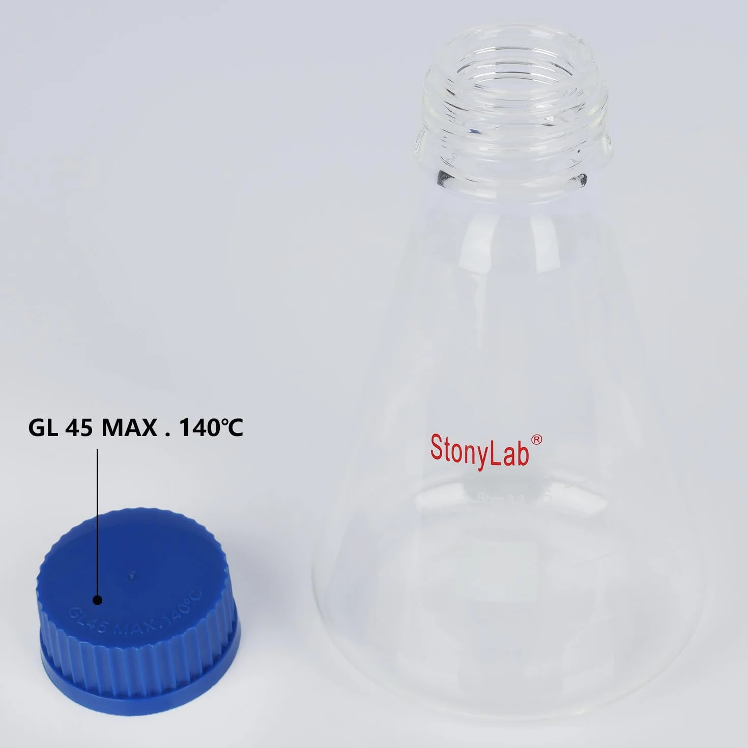 stonylab kolba Erlenmeyer z niebieską zakrętką, fazowana kolba laboratoryjna ze szkła borokrzemowego z podziałką, 500 ml