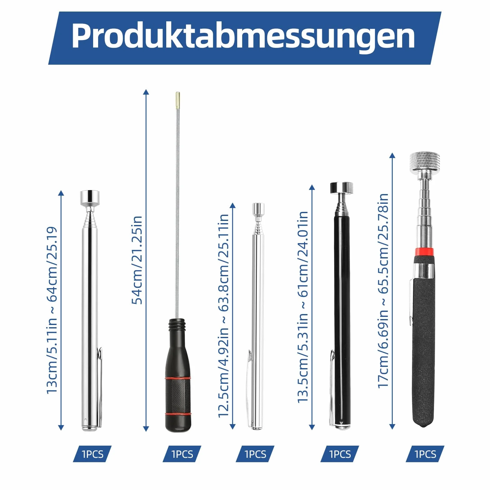 5 sztuk teleskopowych prętów magnetycznych, magnes teleskopowy, bardzo mocny 550 mm, elastyczny podnośnik magnetyczny, teleskopowe narzędzie do mocowania śrub, nakrętek, części samochodowych (1,5 lbb