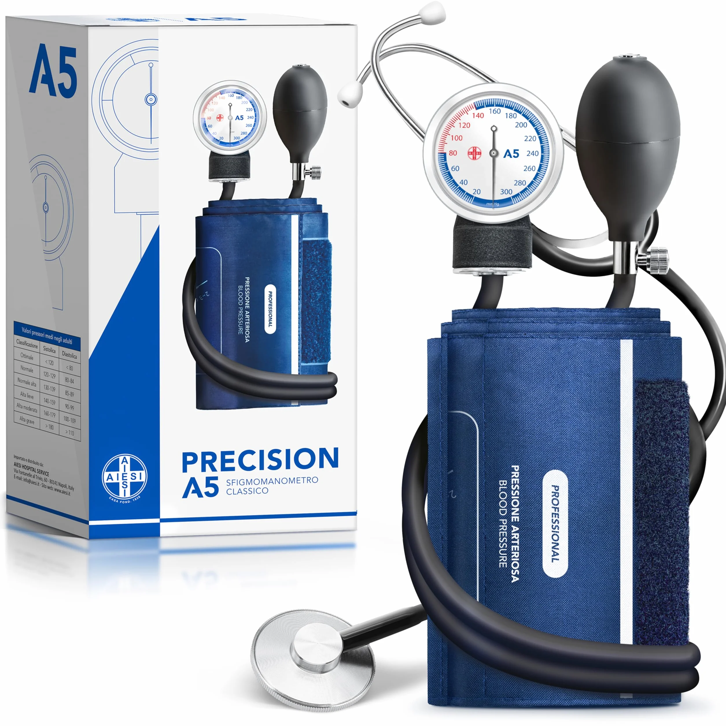 AIESI® Ręczny ciśnieniomierz aneroidowy PRECISION A5 ze stetoskopem